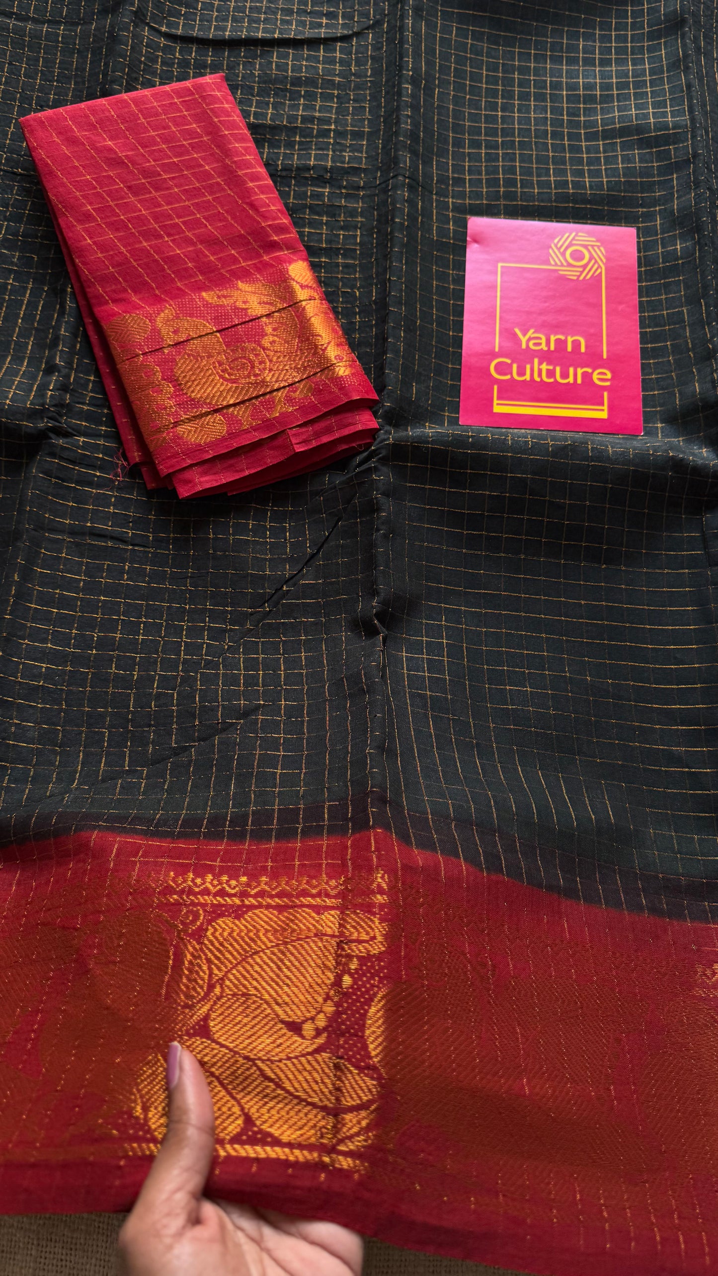 Sungudi cotton checks, black base, red and yellow dual tone border, soft cotton - YCCOTNGJJA181