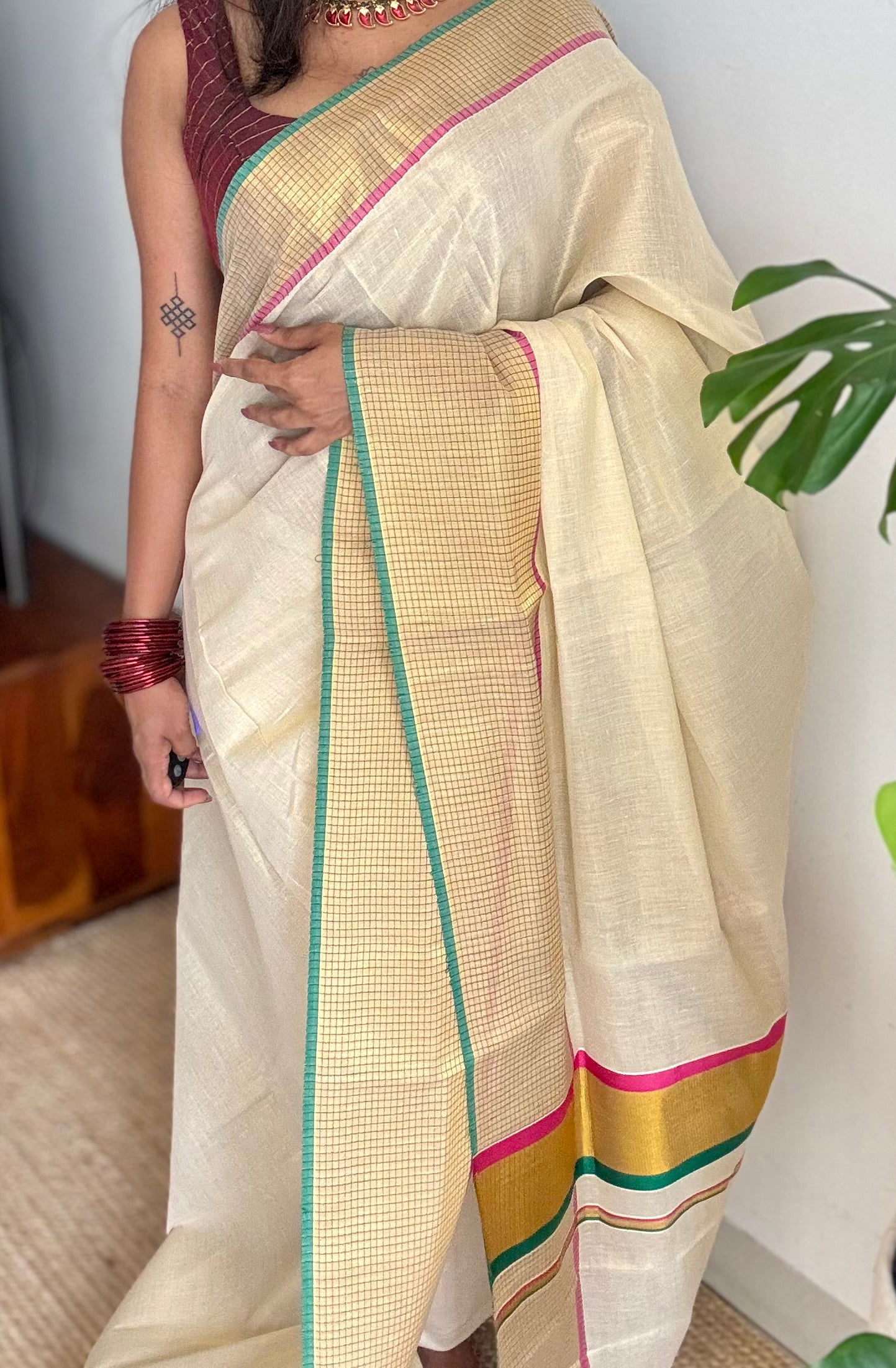Ivory and gold soft tissue cotton saree, pink and green, checkered border - YCIEON77