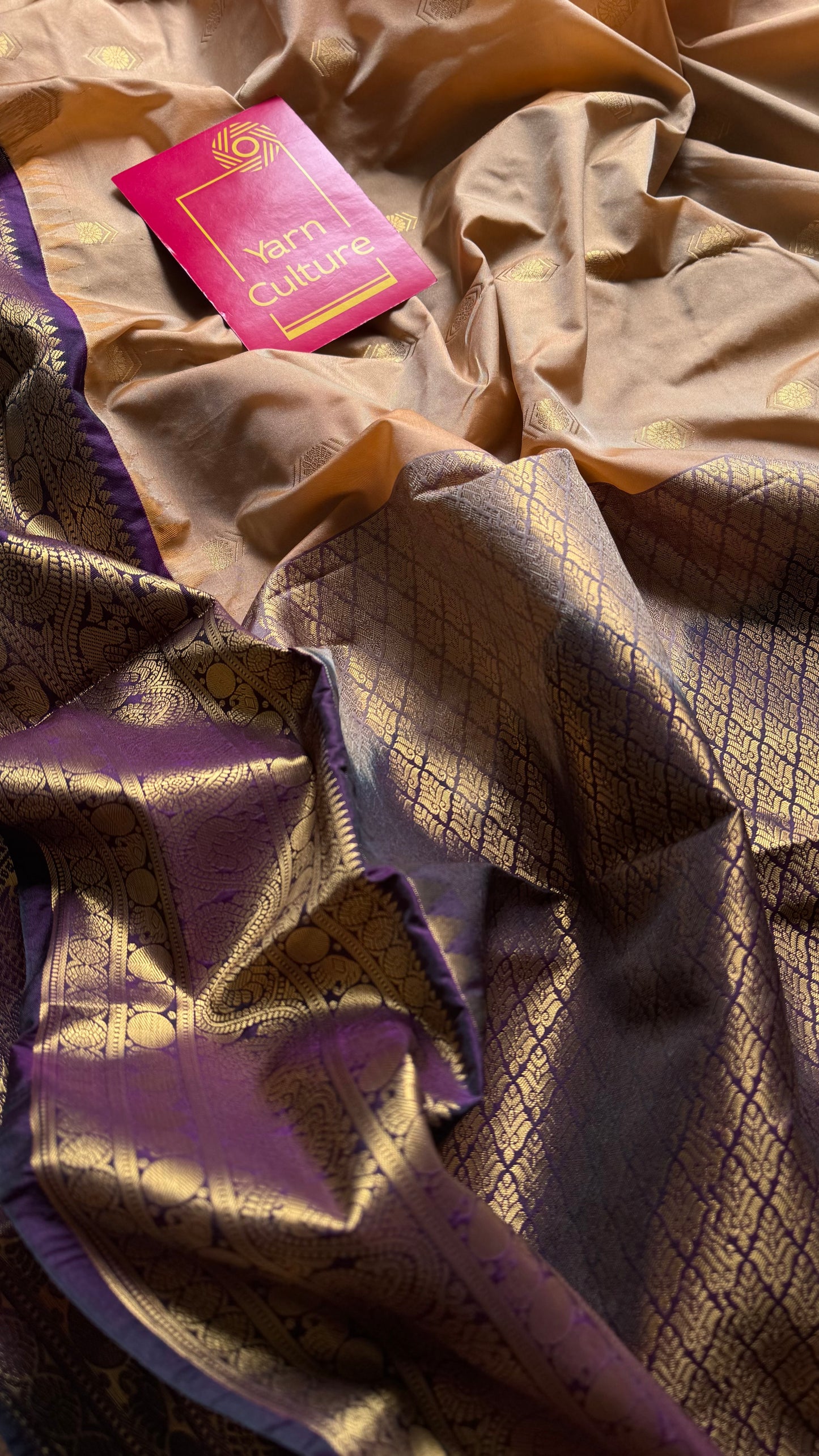Mohini - beige with deep wine purple, handloom korvai semi silk - YCCOTNFEJUKS06