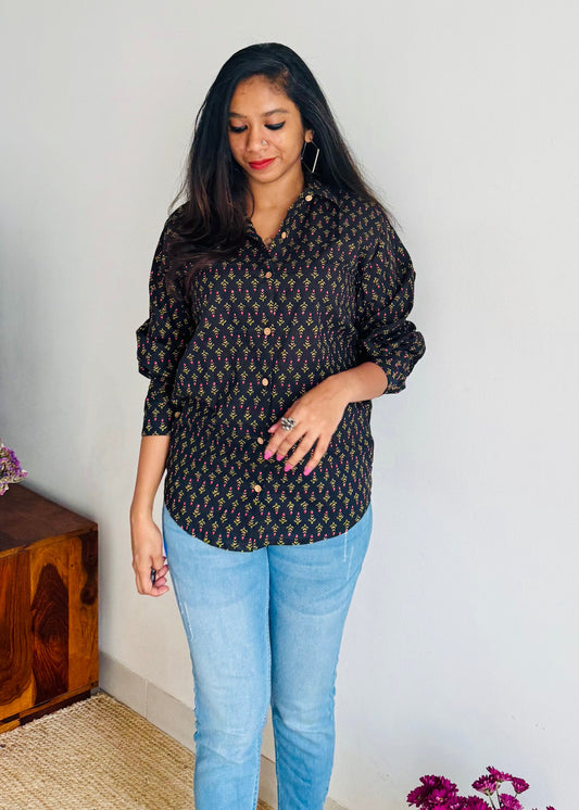 Black Confetti - blockprinted cotton stitched shirt, collared neck, full sleeves - YCSEBPSJA216