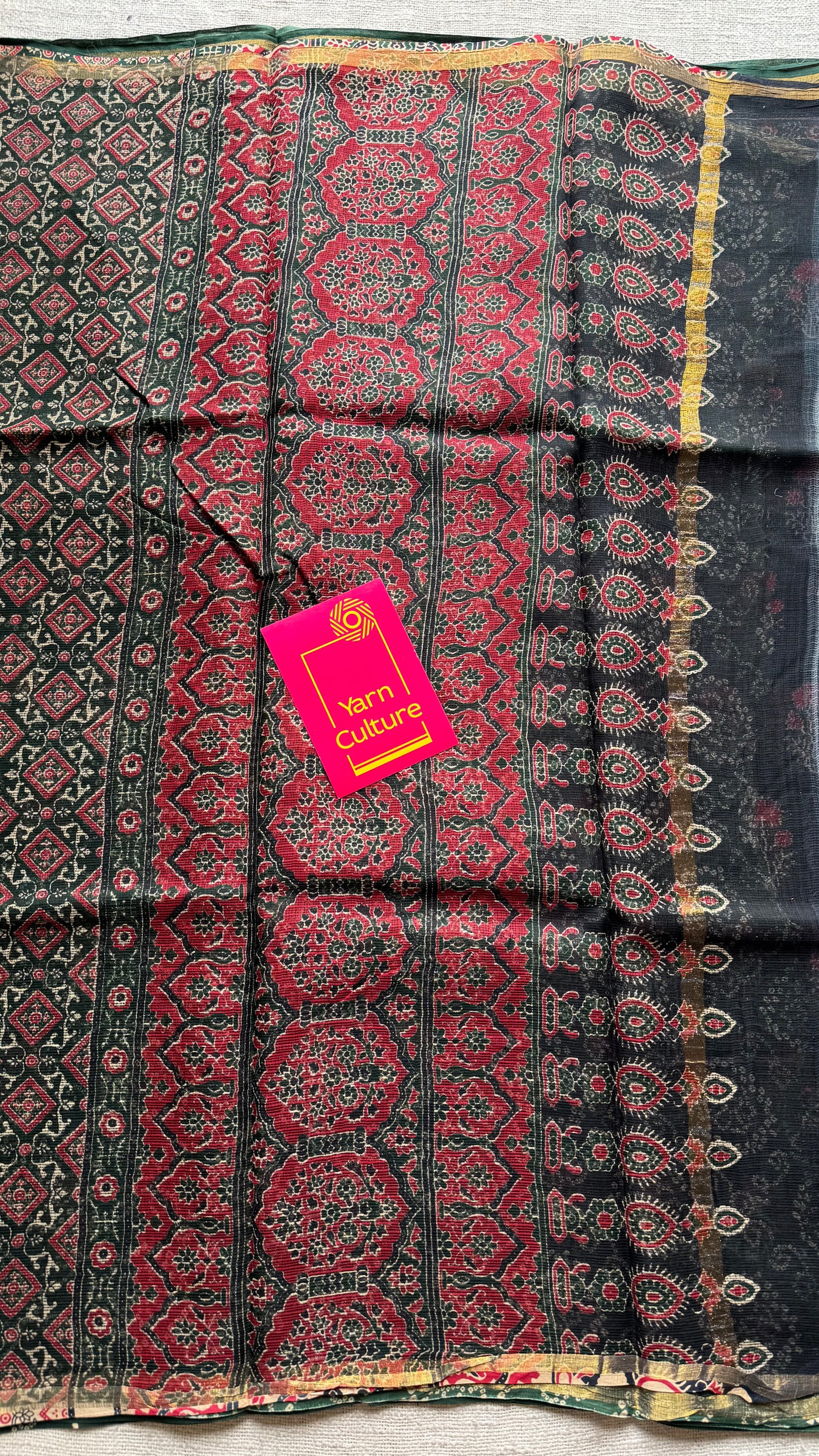 Mirchi Mix - dark green with red floral kota doria saree, with gold zari border - YCTORKDJU28