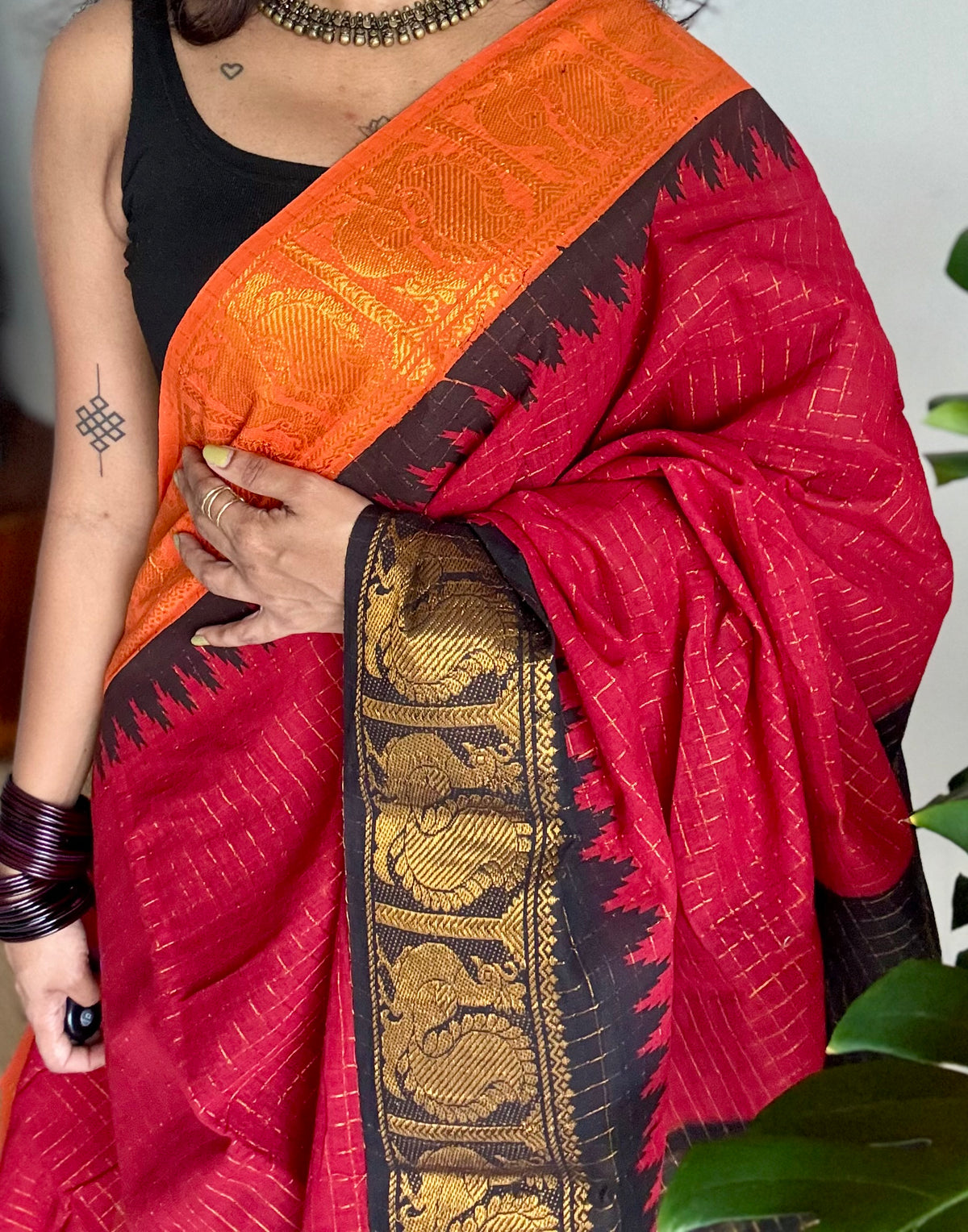 Sungudi cotton checks, red base, orange and black dual tone border, soft cotton - YCCOTNMSSE11