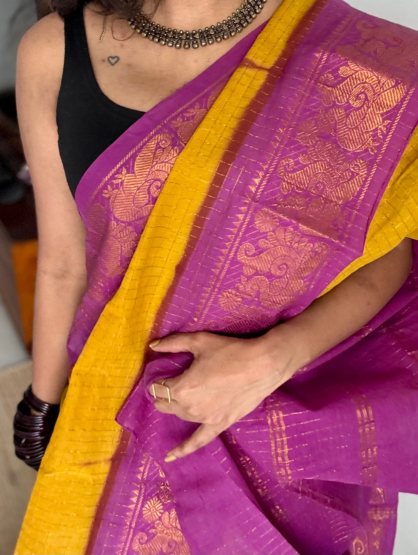 Ginger yellow with magenta checkered sungudi, madurai cotton - YCCOTNSUDE46