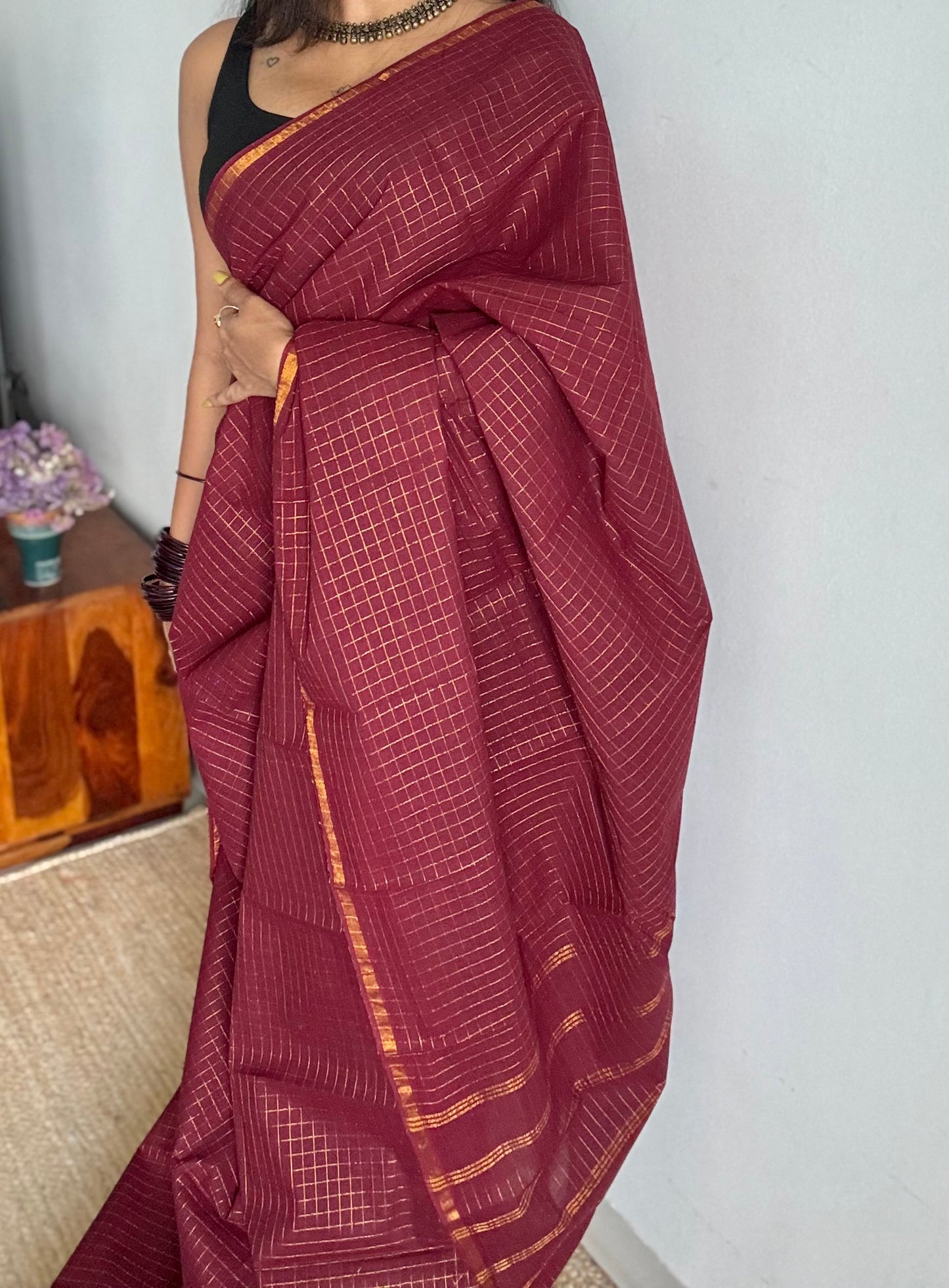 Maroon mini kattam kattuchayam dyed madurai cotton saree - YCCOTNMSFE107