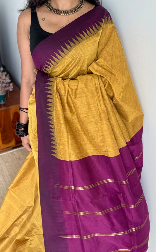 Yellow with wine temple border - kalyani cotton silk -YCCOTNSEKCS14