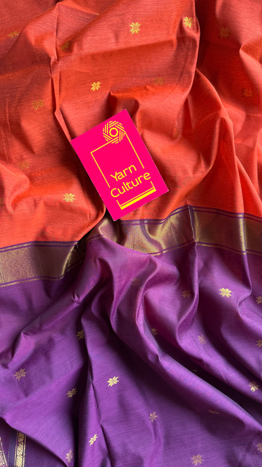 Orange with purple pink (vadamalli), gold buttas, semi maheshwari cotton silk - YCCOTNFEJUSM02