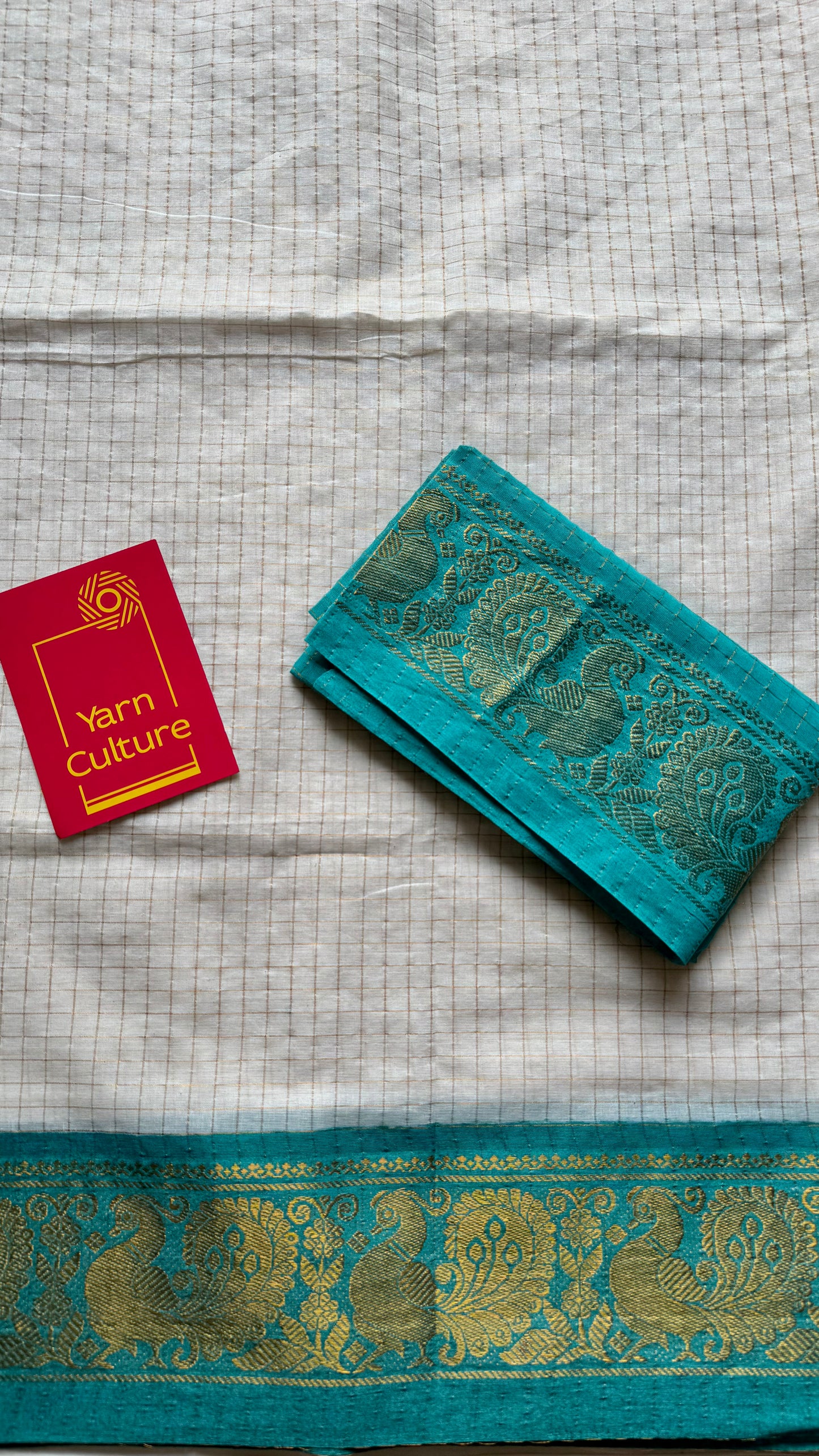 Karthika : Shalabham - Sungudi checks, ivory gold base, red and turquoise blue dual tone border, soft cotton - YCIEON163