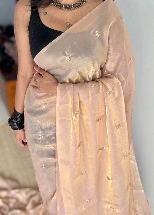 Light gold with a hint of pink, fendy satin with sequin work, contrast maroon blouse - YCDOSFE12