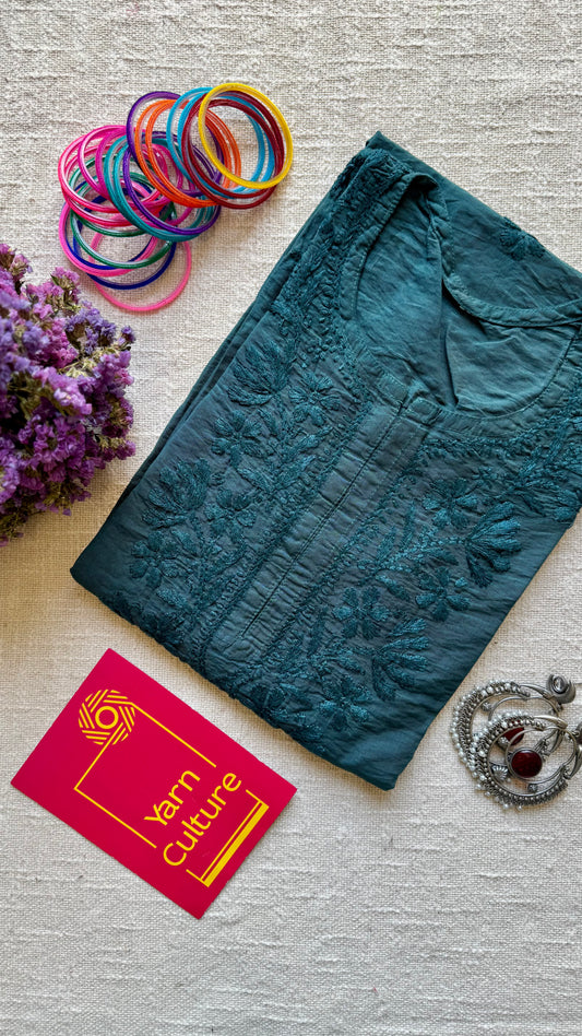 Teal chanderi chikankari with ghas patti work, straight kurta, round neck, three fourth sleeves - YCSECK01