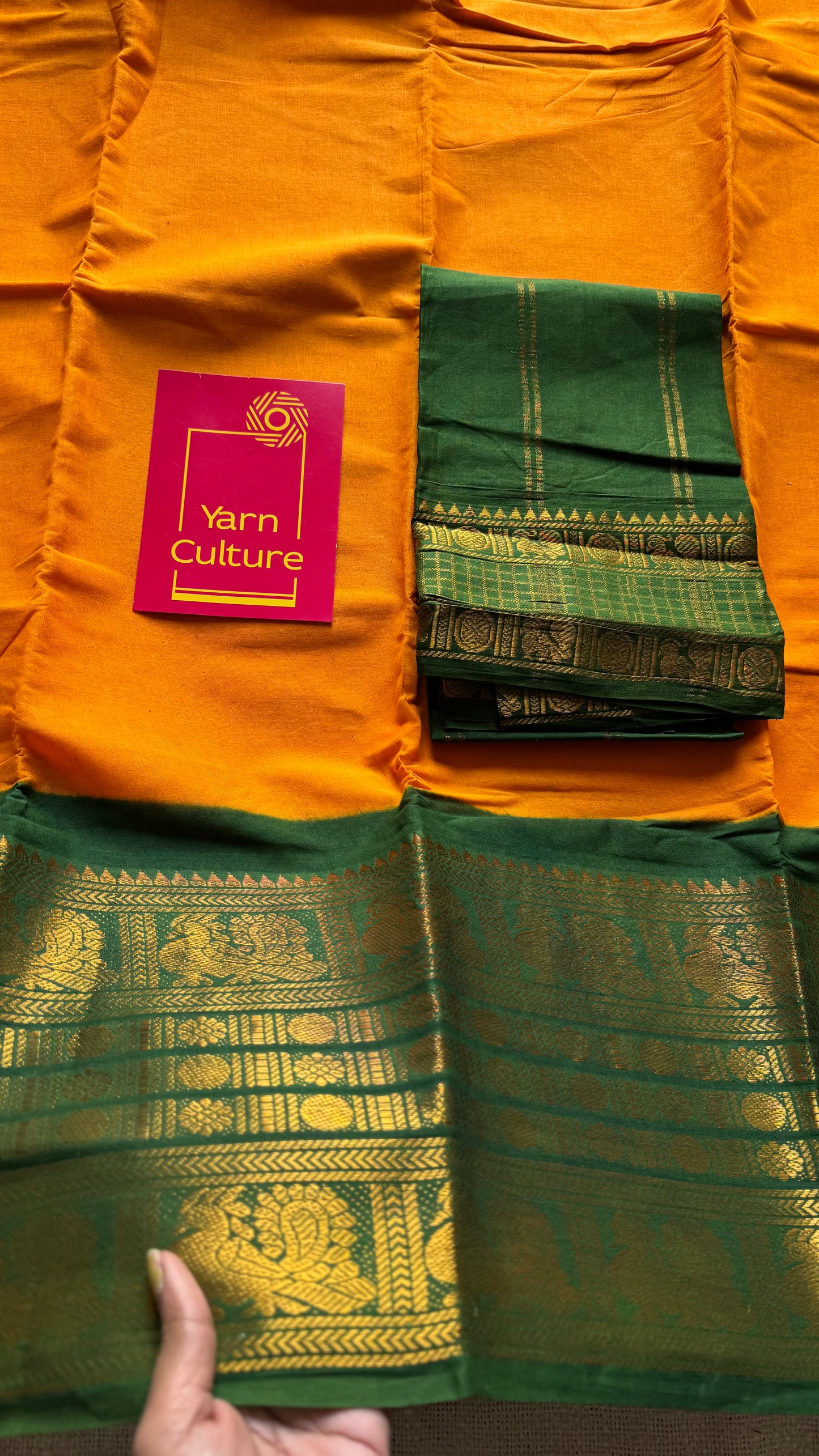 Mango yellow with green border, sungudi, madurai soft cotton - YCCOTNSUJA01