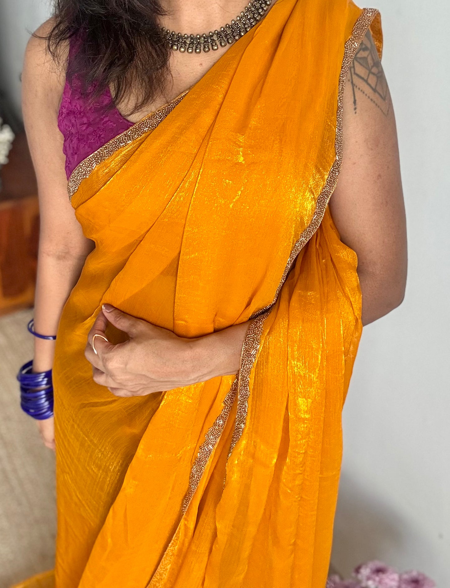 Sunny Sparkle - golden yellow, metallic dual tone space silk, embellished border - YCDOSNO41