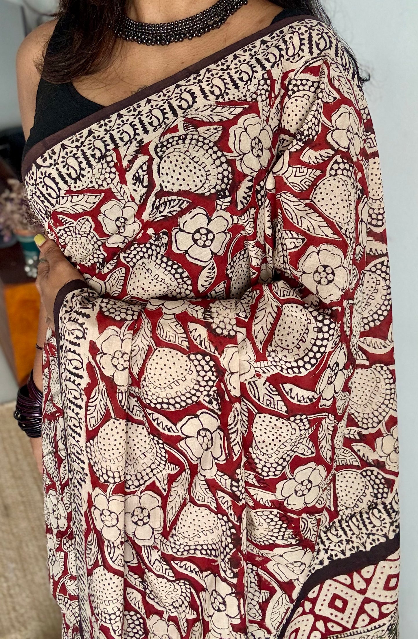 Kesar - a warm red with floral motifs, block print, soft cotton - YCWOTDNOBP90