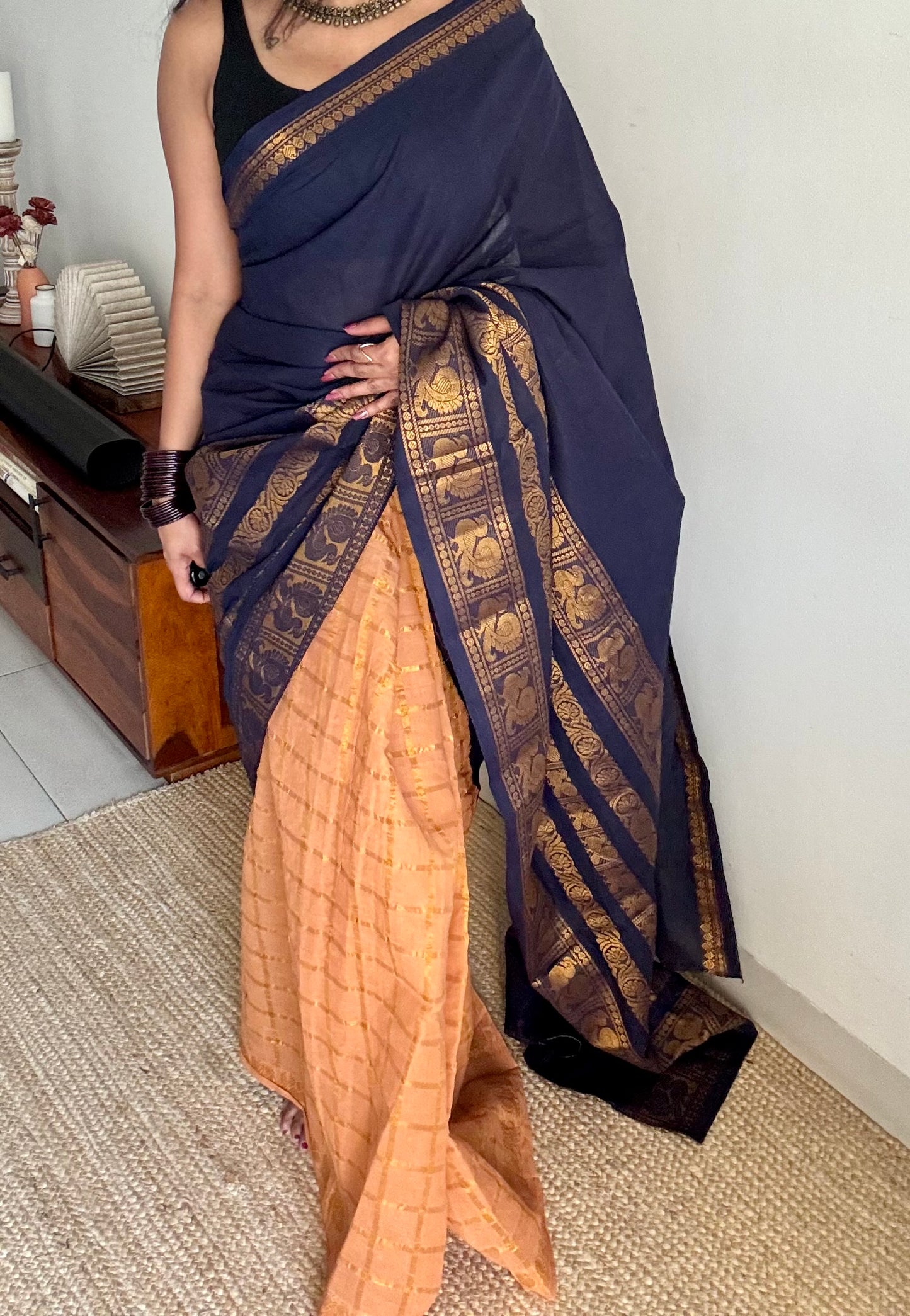 Dark blue with musk, sungudi cotton half-half saree - YCCOTNIDMA318