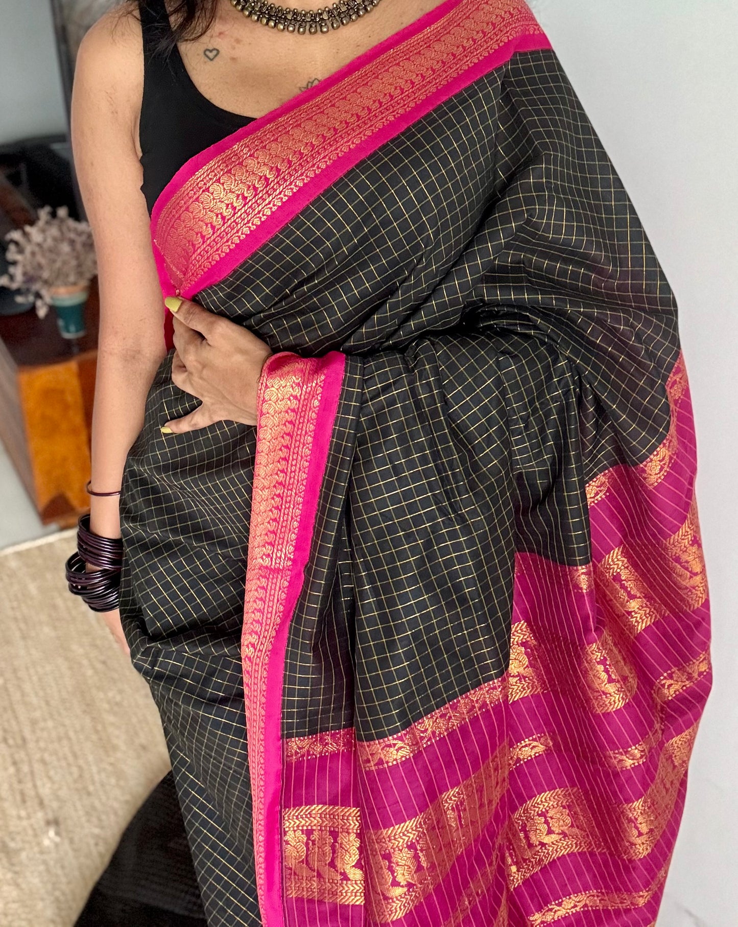 Black with hot pink, checks - cotton silk - YCCOTNOCKC81