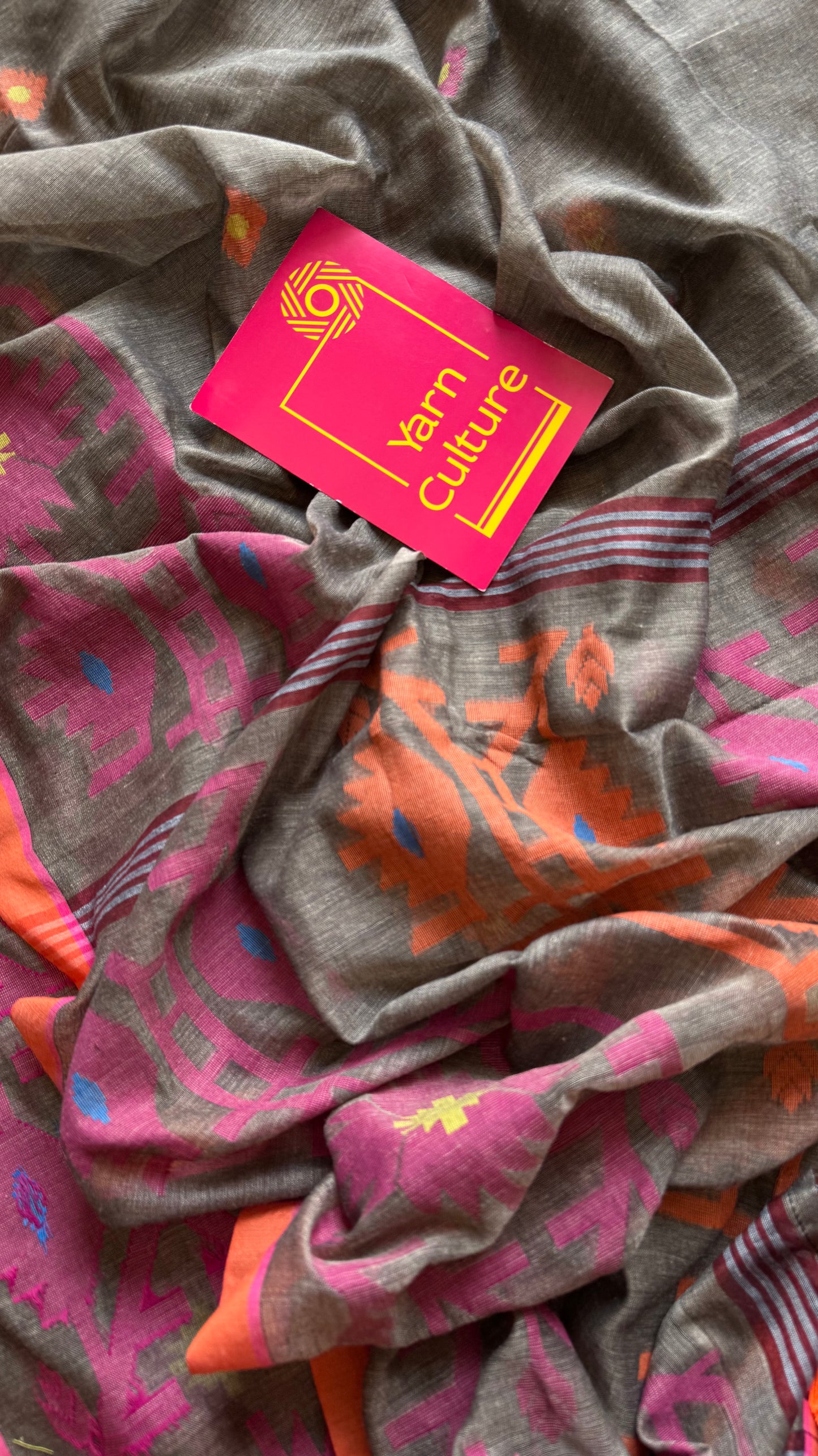 Grey with pink and orange jamdani saree in mul cotton - YCBCJDFE381