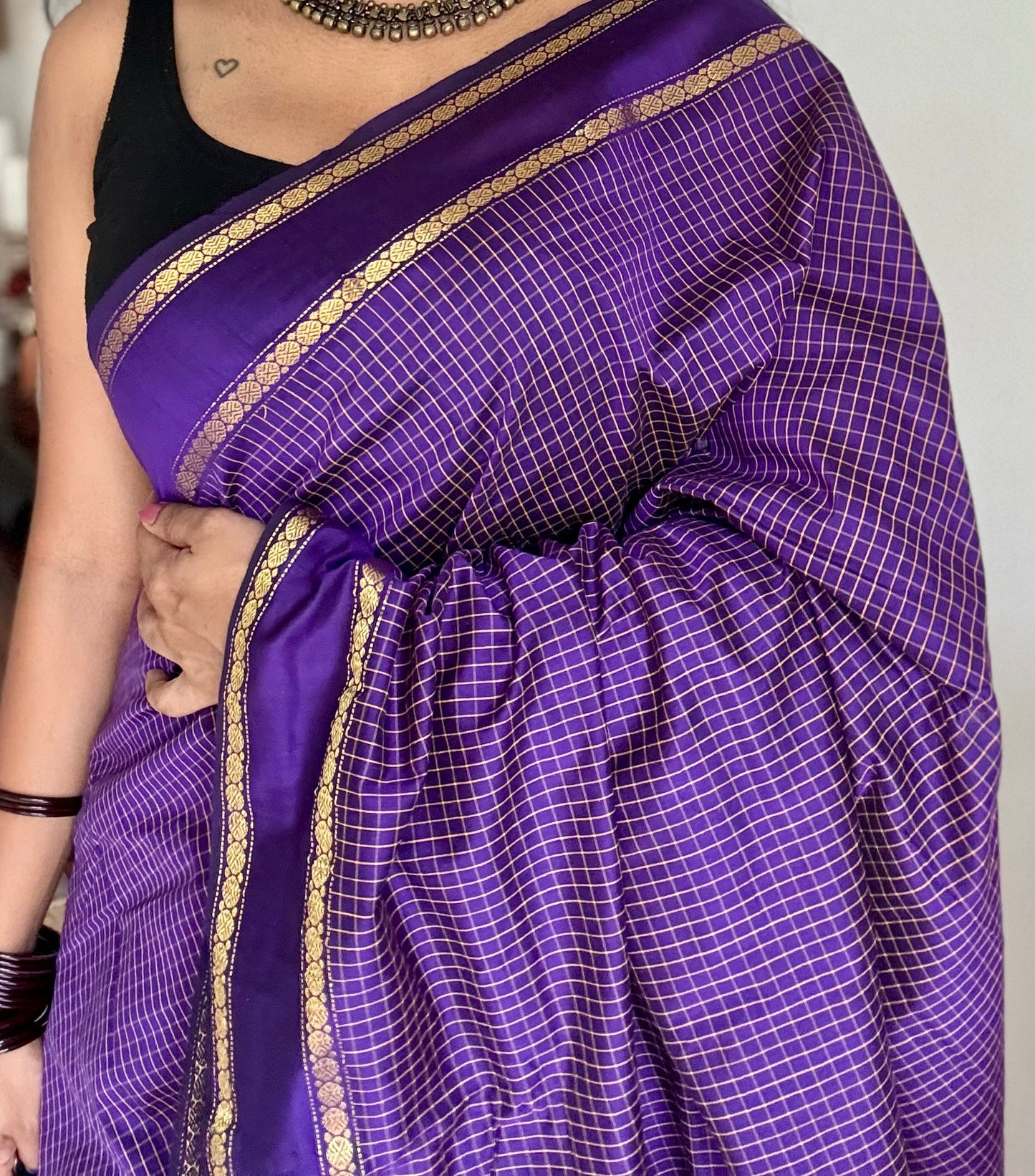 Purple arani checks saree, cotton silk - YCCOTNMA275