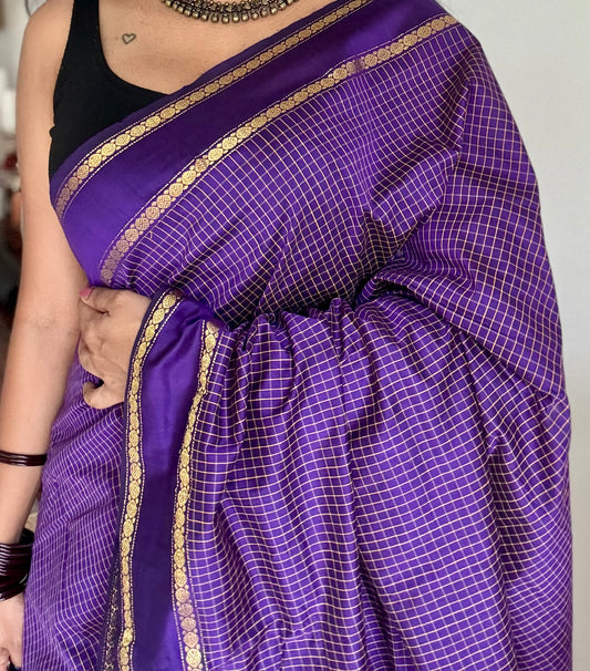 Purple arani checks saree, cotton silk - YCCOTNMA275