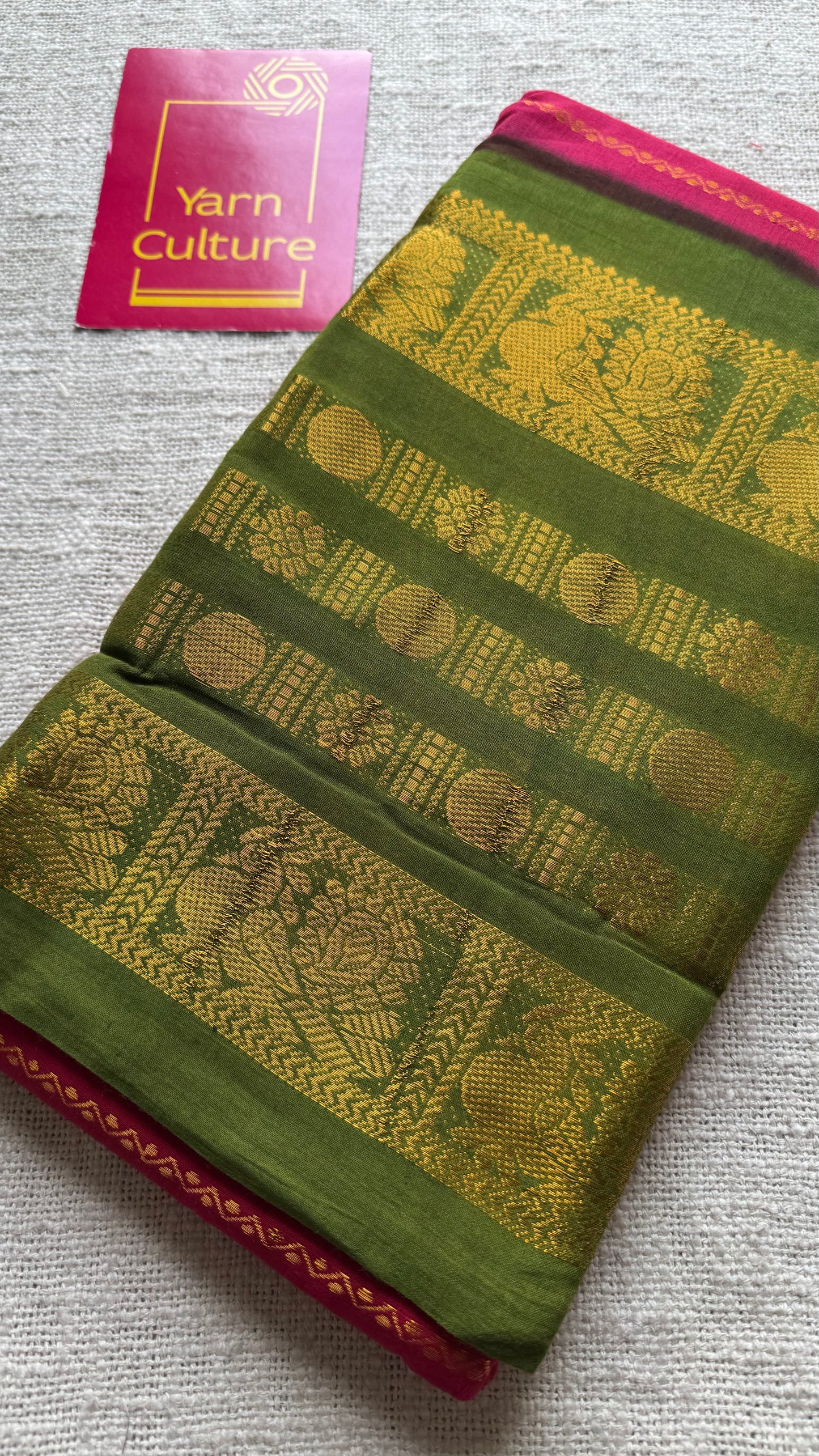 Reddish pink with green, peacock rudraksham motif, single side broad zari - madurai kattuchayam dyed - YCCOTNAUS34