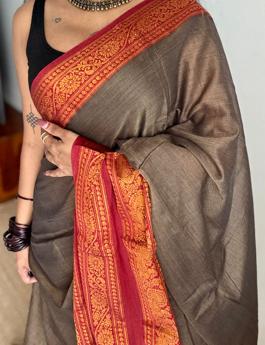 Grey with red wide border, narayanpet soft cotton saree - YCWOTDAUG05