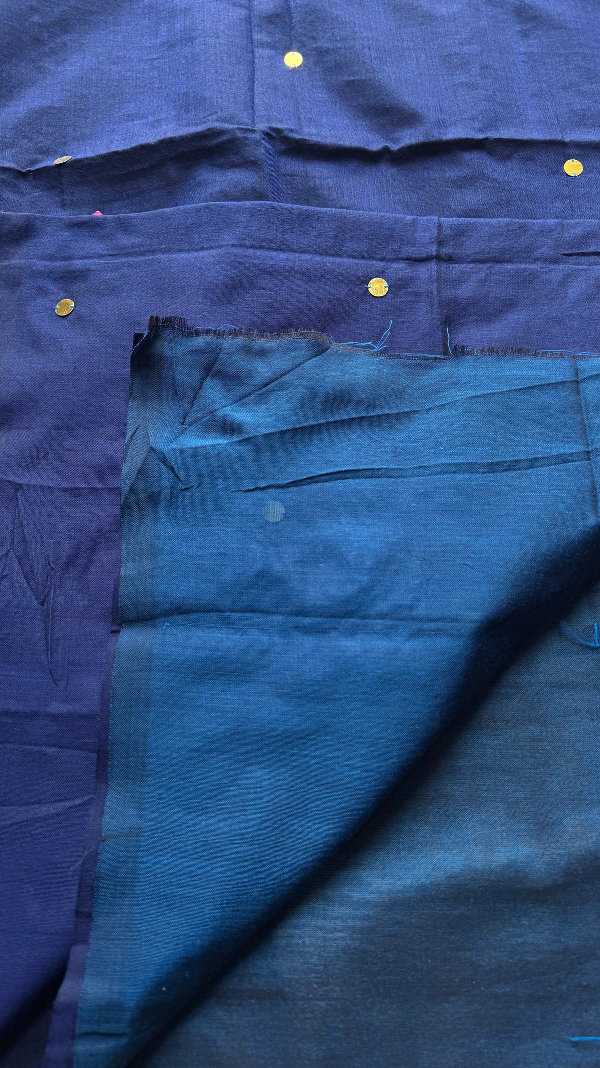 Dark blue with peacock blue contrast pallu, gini sequins, soft cotton saree - YCBCSCOC05
