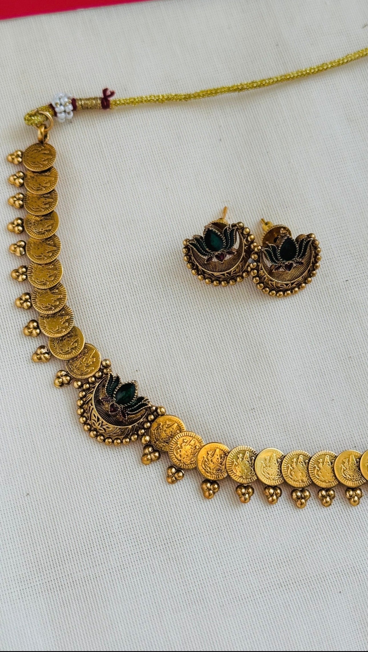Coin necklace with green lotus pendant, with earrings - YCGPNP778