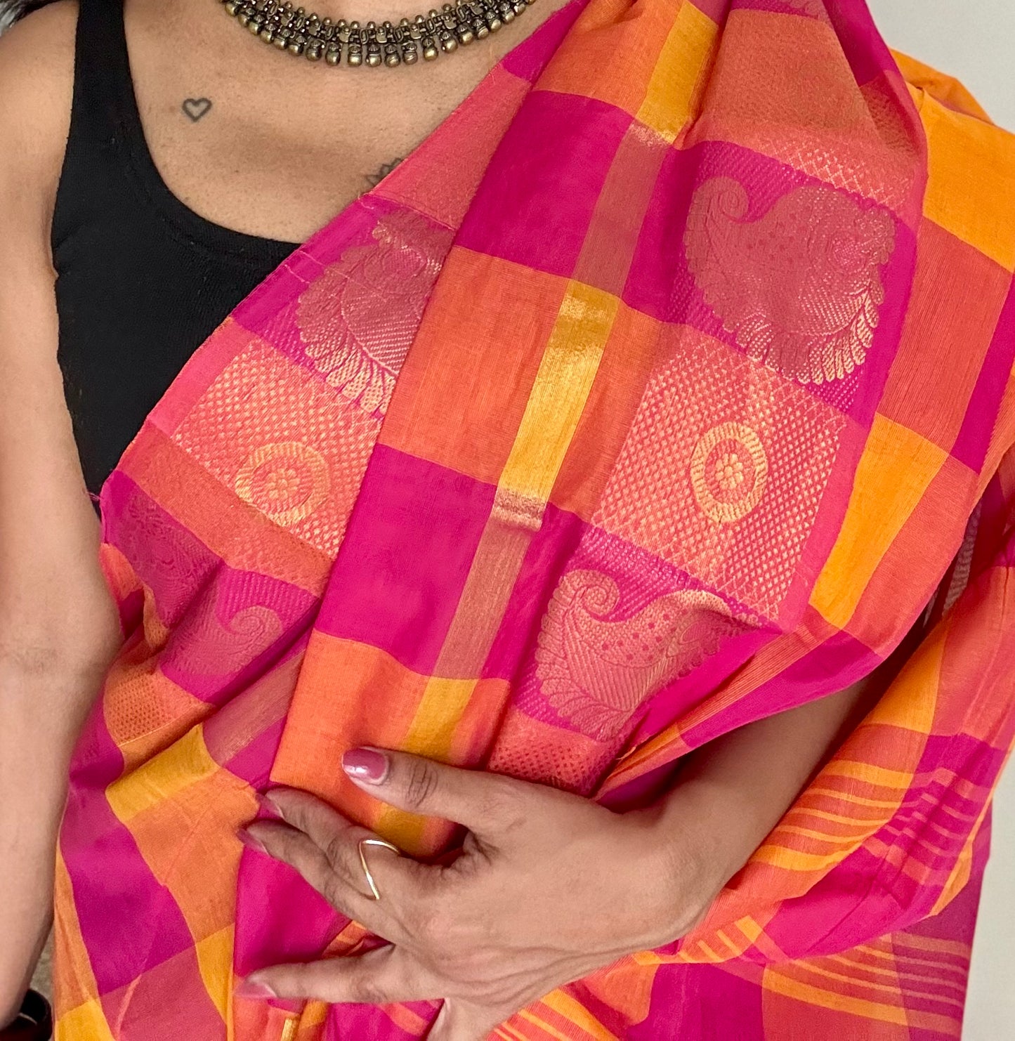 Chettinad cotton saree with yellow and pink checks, paisley motif border - YCCOTNAP66