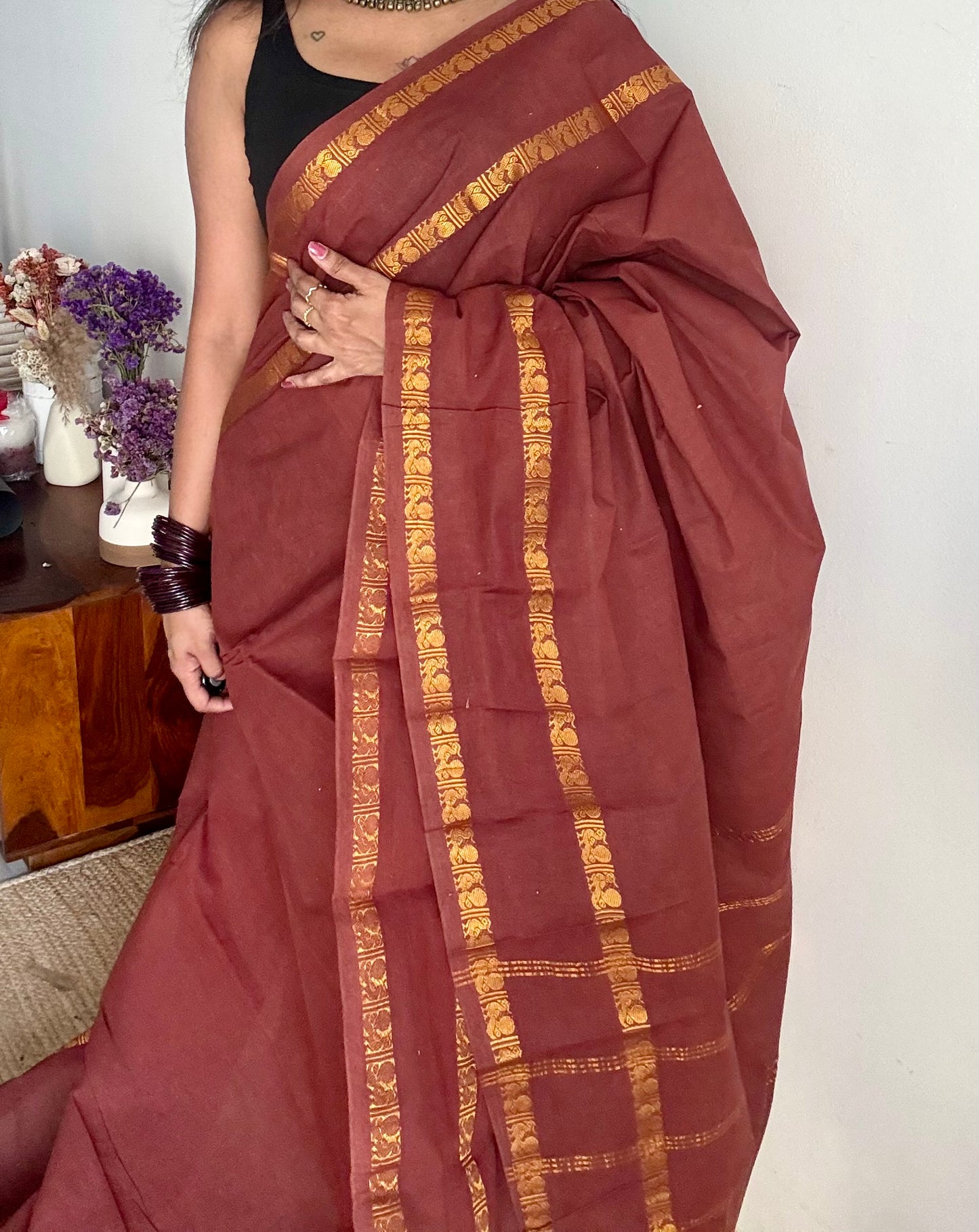 Brown rettaipettu peacock gap border, kattuchayam dyed madurai cotton saree  - YCCOTNMSAP96