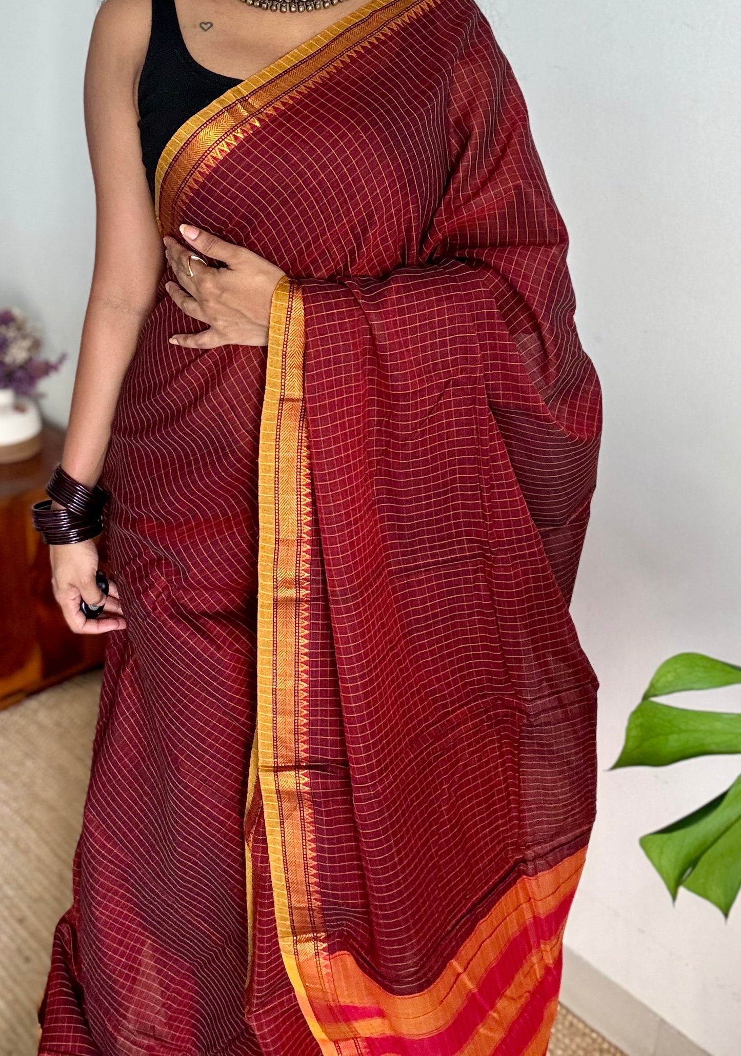 Deep maroon checks, cotton silk blend, premium narayanpet saree - YCWOTDMA322