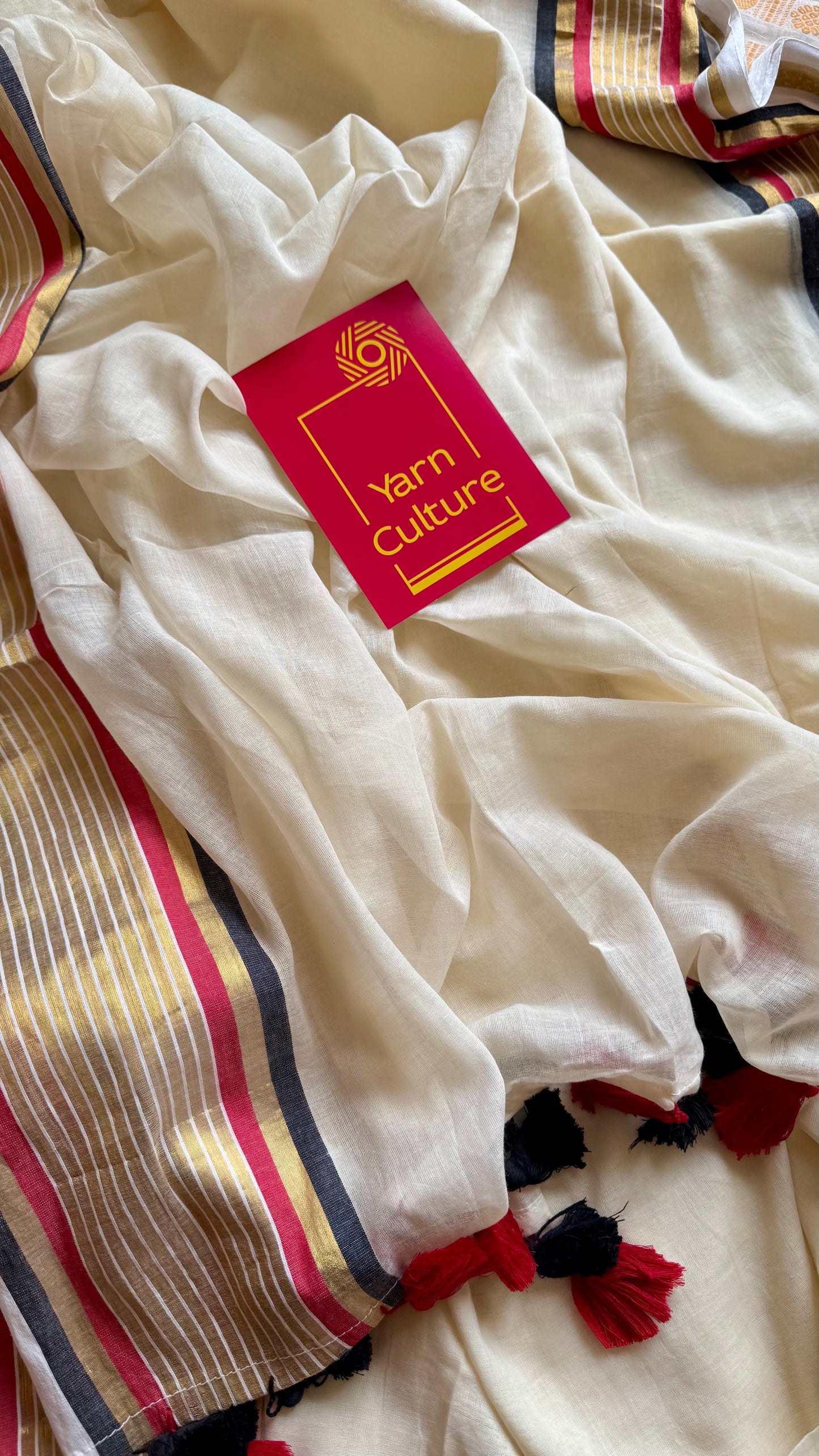 Ivory mul saree, red, black and gold striped border - YCIEON15