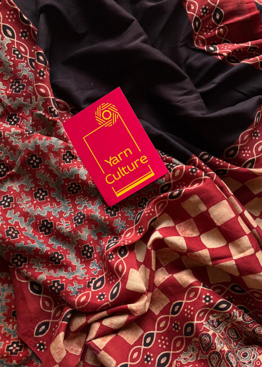 Black and red chanderi saree with ajrakh handblock print - YCTOKAJC343