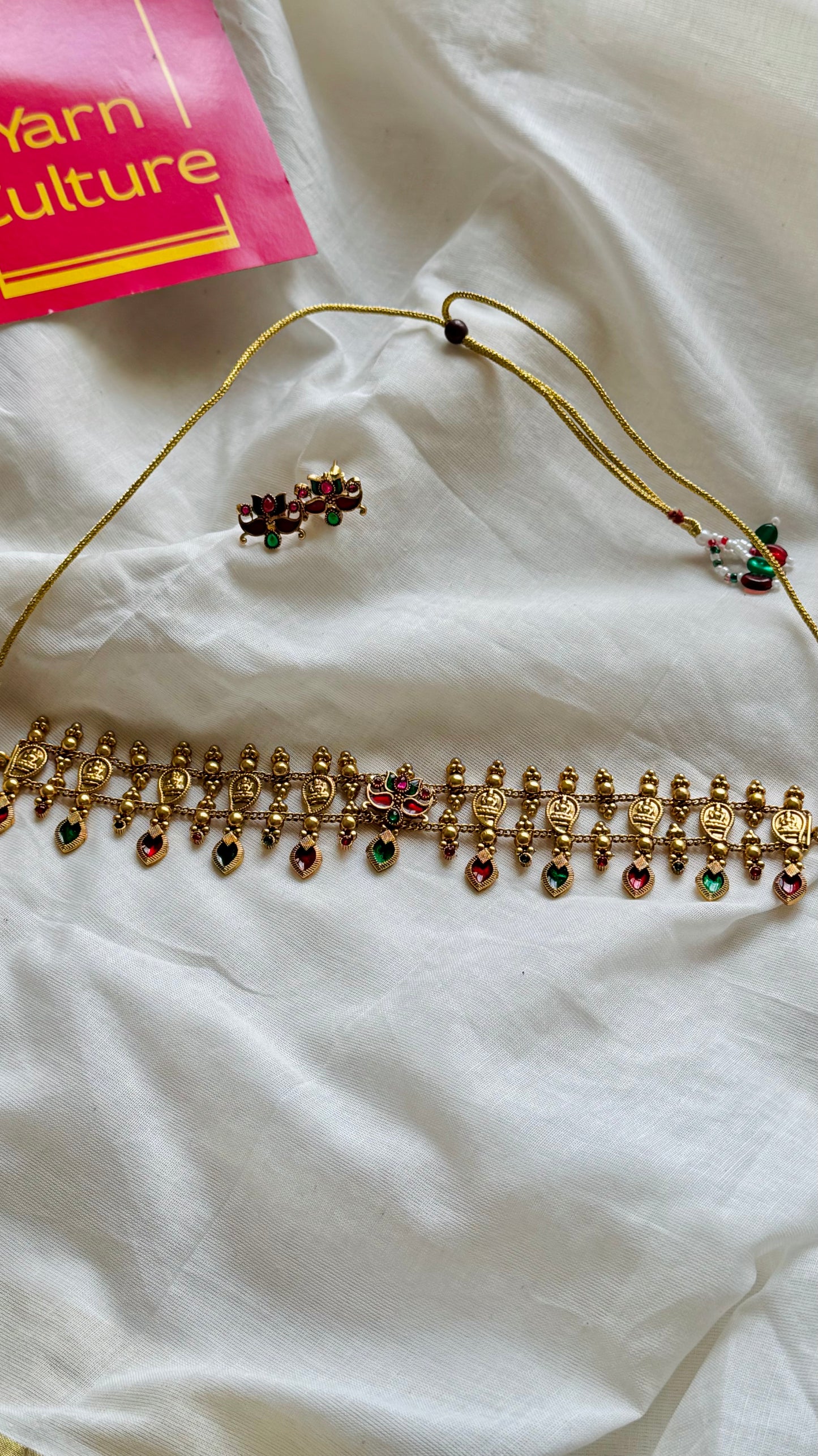 Mango coin necklace with ruby green drops, with earrings - YCGPNP734
