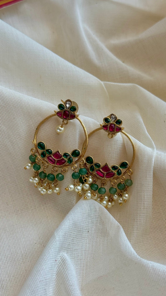 Chandbali ruby green pearls hoop dangler earring - YCGPER827