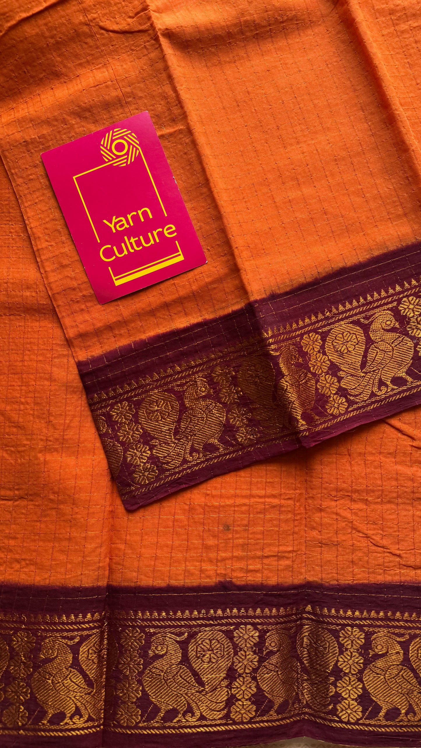 Orange with maroon contrast zari checkered sungudi, kattuchayam dyed madurai cotton - YCCOTNMSAP161