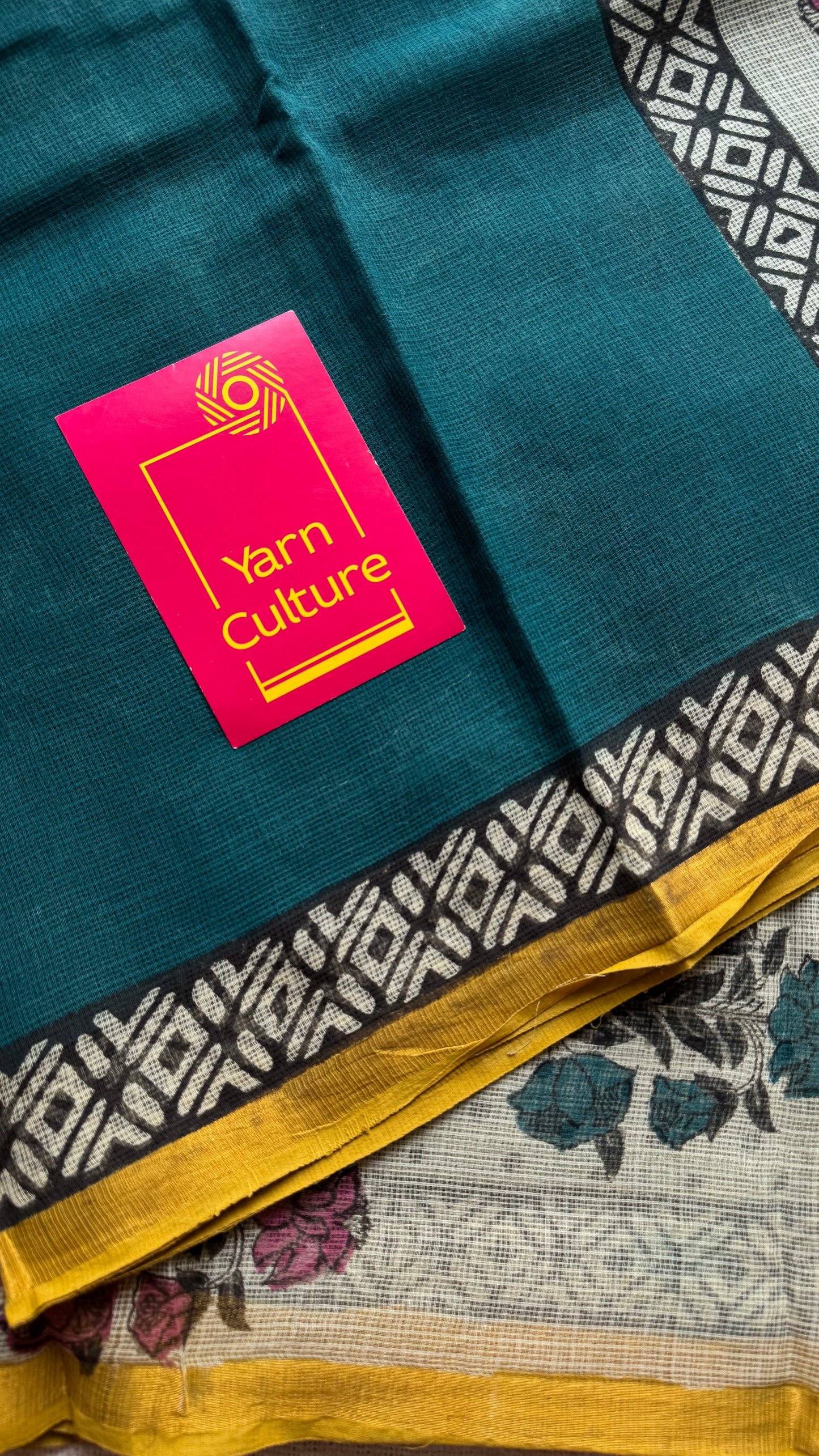 Teal Tadka - teal blue with yellow kota doria saree, with gold zari border - YCTORKDAP11