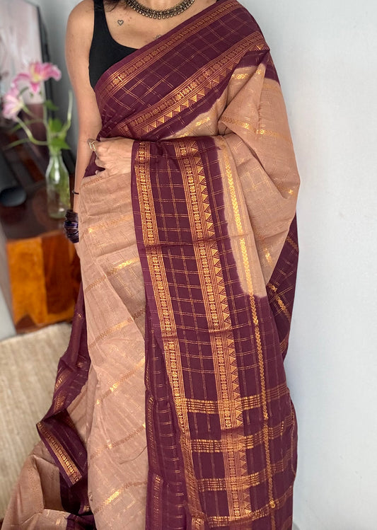 Light brown with maroon, Adayar checks with velthaari pattern, madurai cotton - YCCOTNOCSC07
