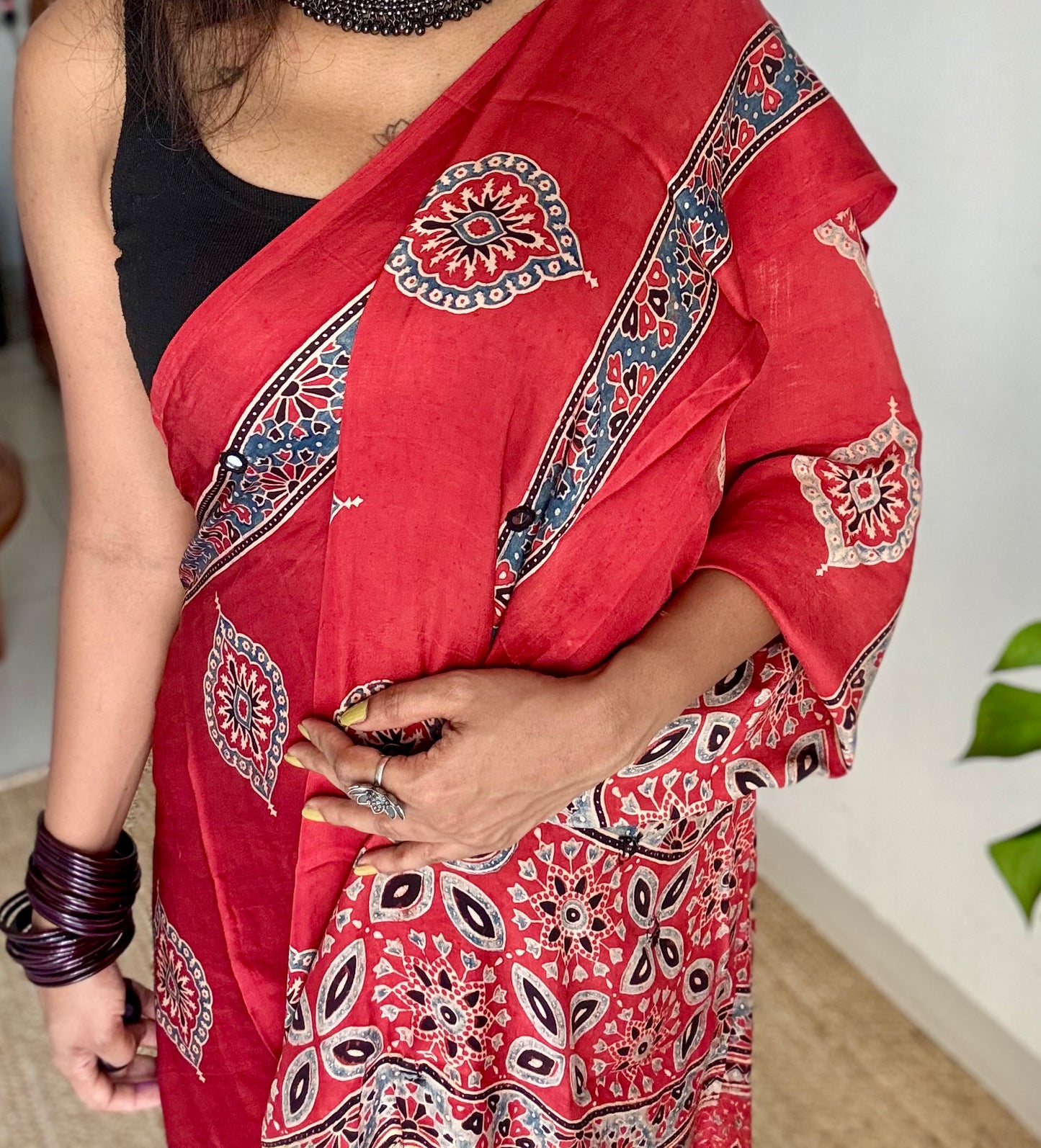 Red pure modal silk saree with ajrakh handblock print and mirror work - YCTOKAJM338