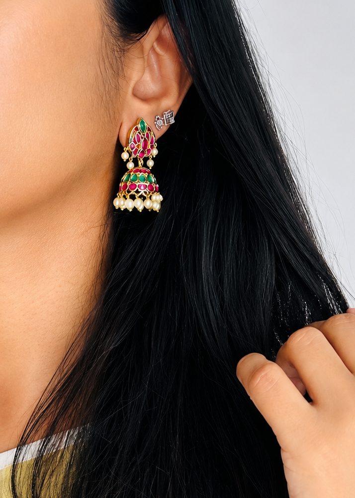 Ruby green white stone and pearls jhumka 2 - YCGPER826
