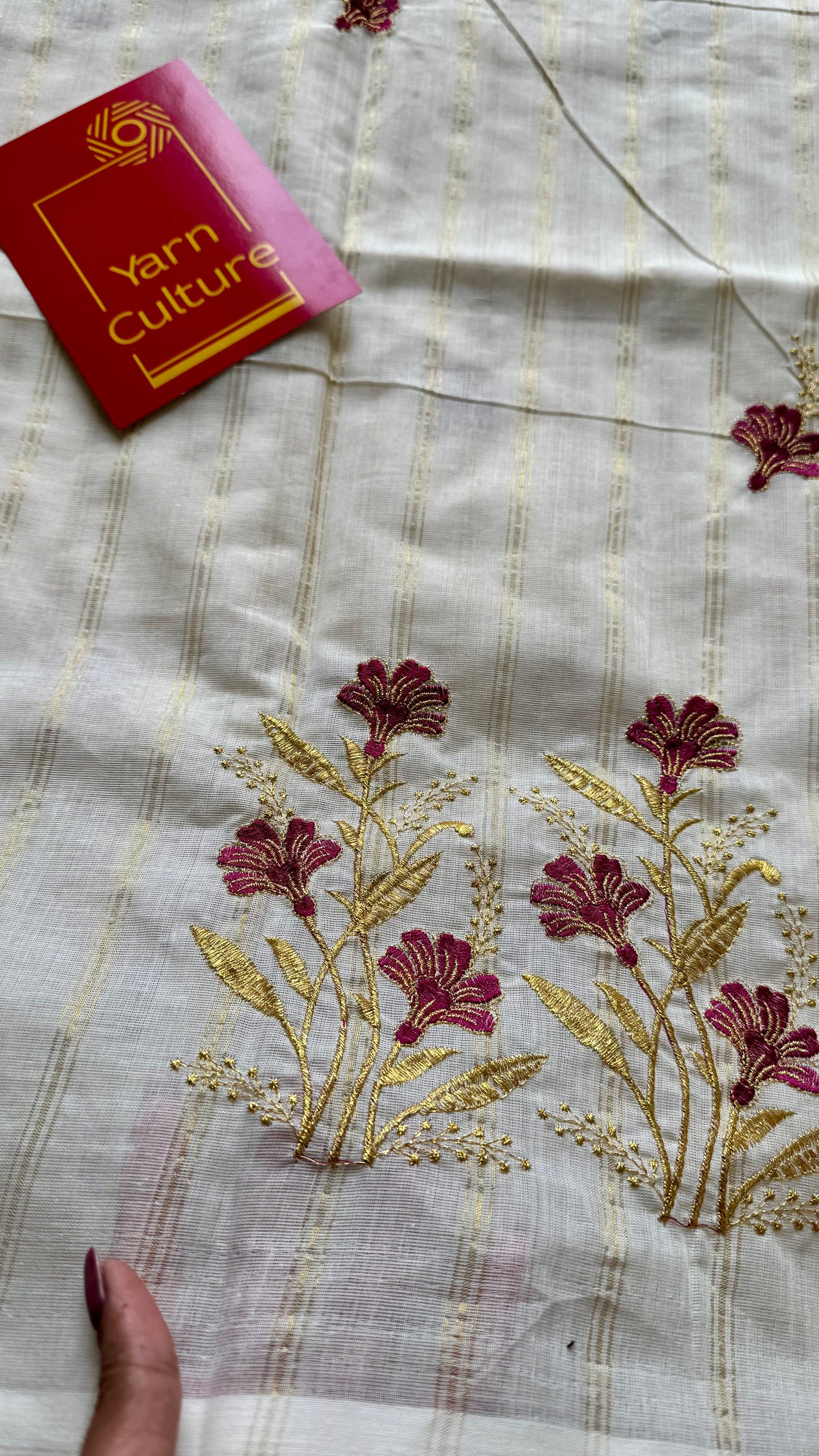 Ivory and gold soft cotton saree, maroon floral embroidery  - YCIEON50