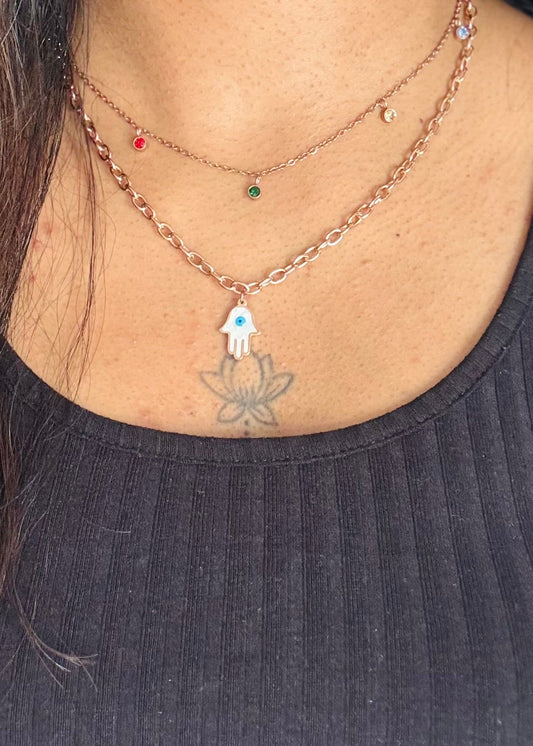 Rose gold plated double layered chain, multicoloured stones and charm - YCGPC436