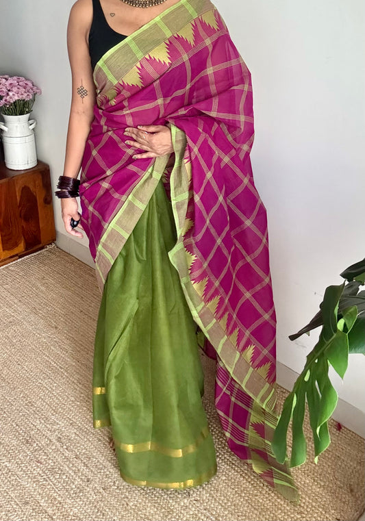 Multicoloured checks with green, sungudi and chettinad cotton half and half saree - YCCOTNIDOC149