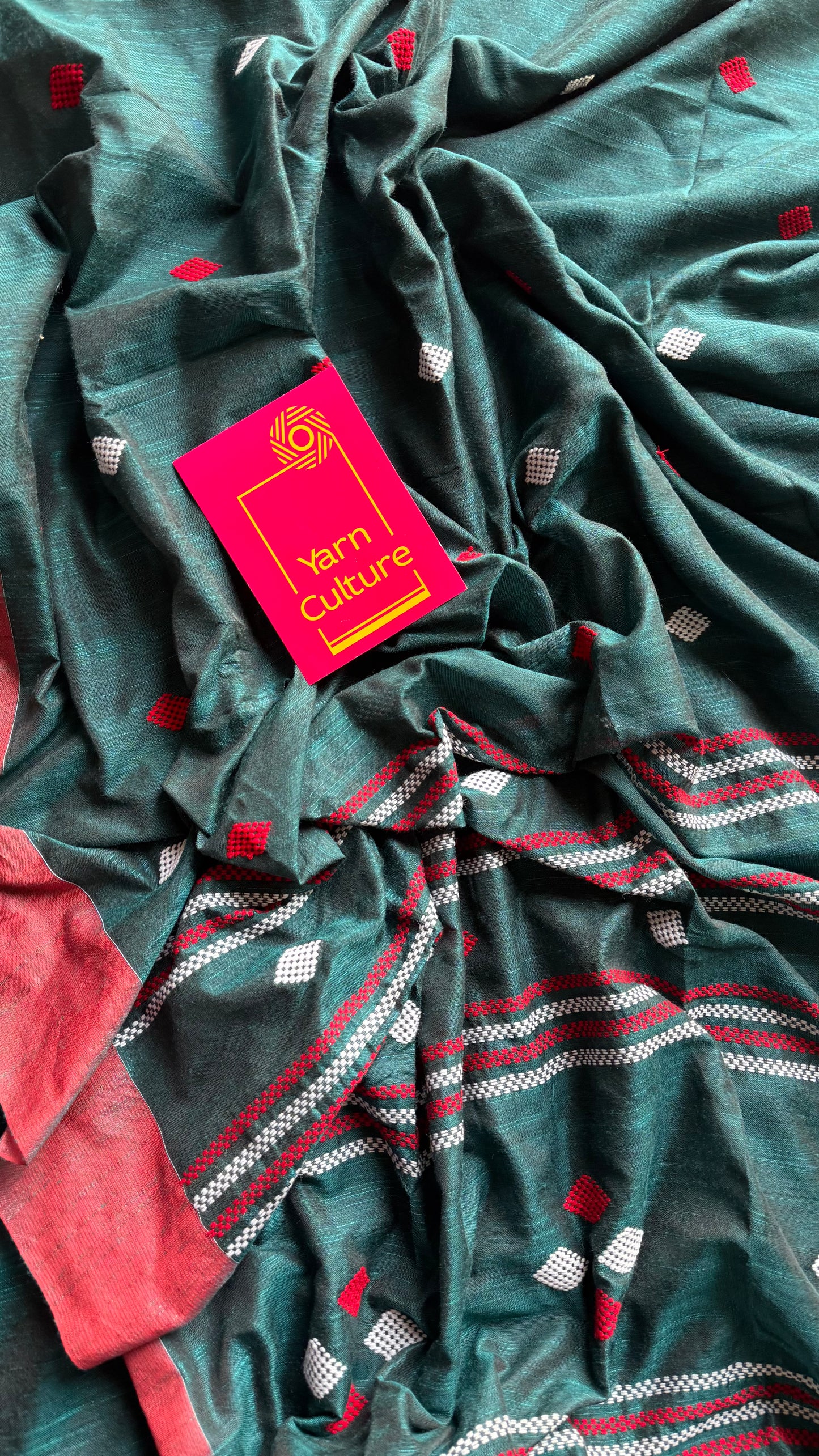 Peacock green with burnt red, soft khadi cotton with woven motifs - YCBCKCDE27