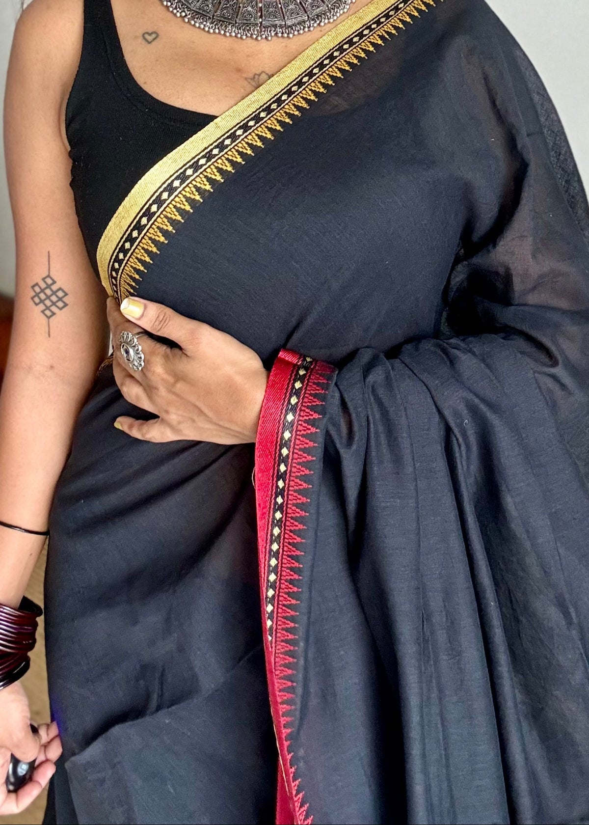 Handloom Bengal soft cotton saree, black with cream and red woven dual tone borders - YCBCMCSE42