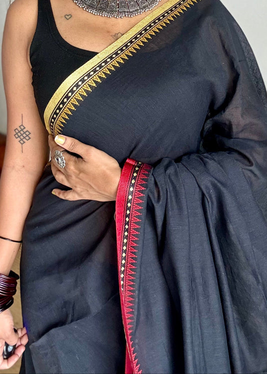 Handloom Bengal soft cotton saree, black with cream and red woven dual tone borders - YCBCMCSE42