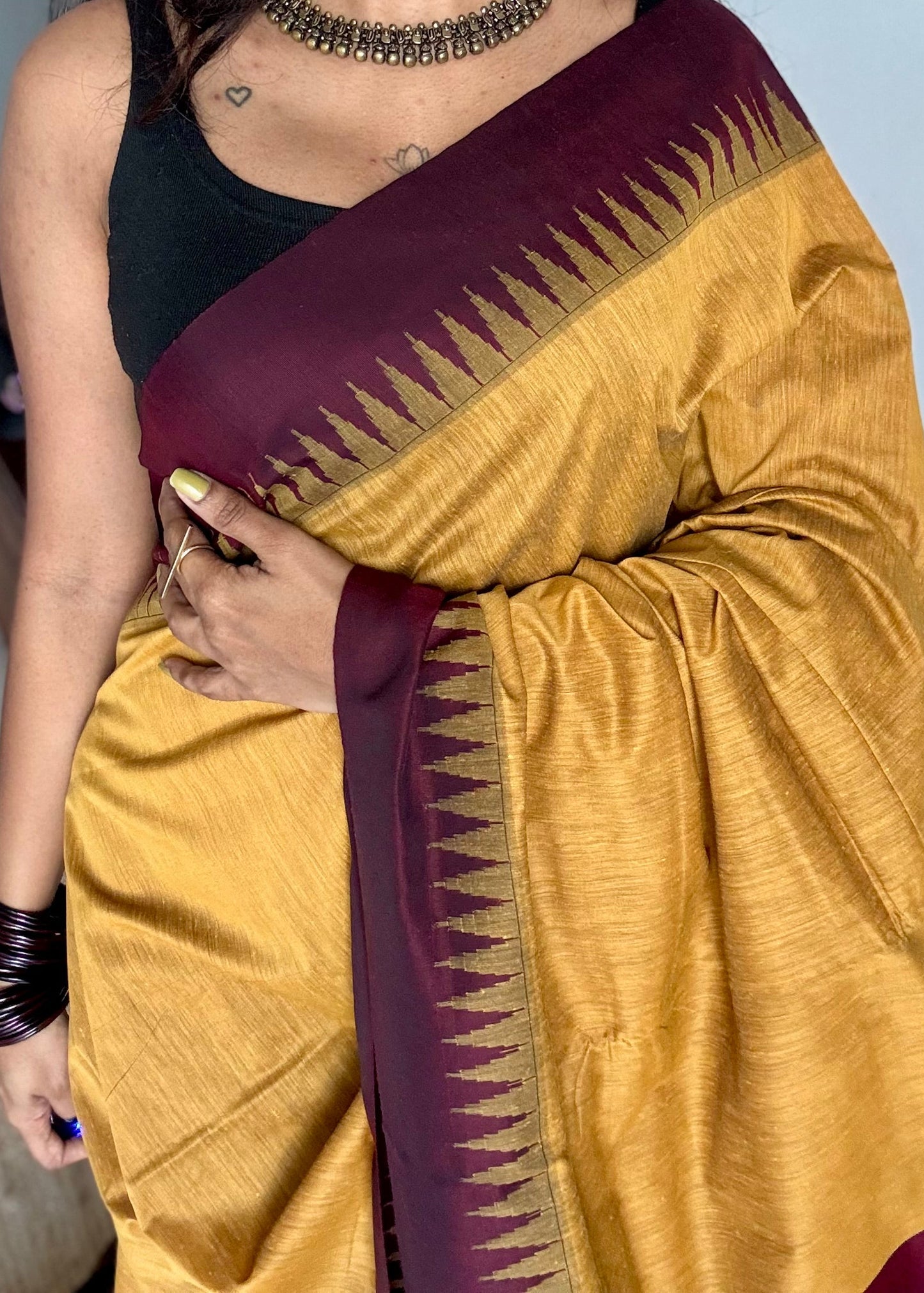 Yellow with maroon temple border, cotton silk - YCCOTNCSDE96