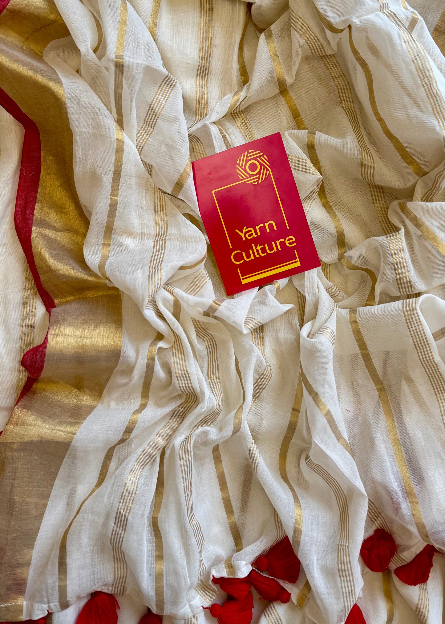 Ivory mul saree, gold stripes with red border - YCIEON04