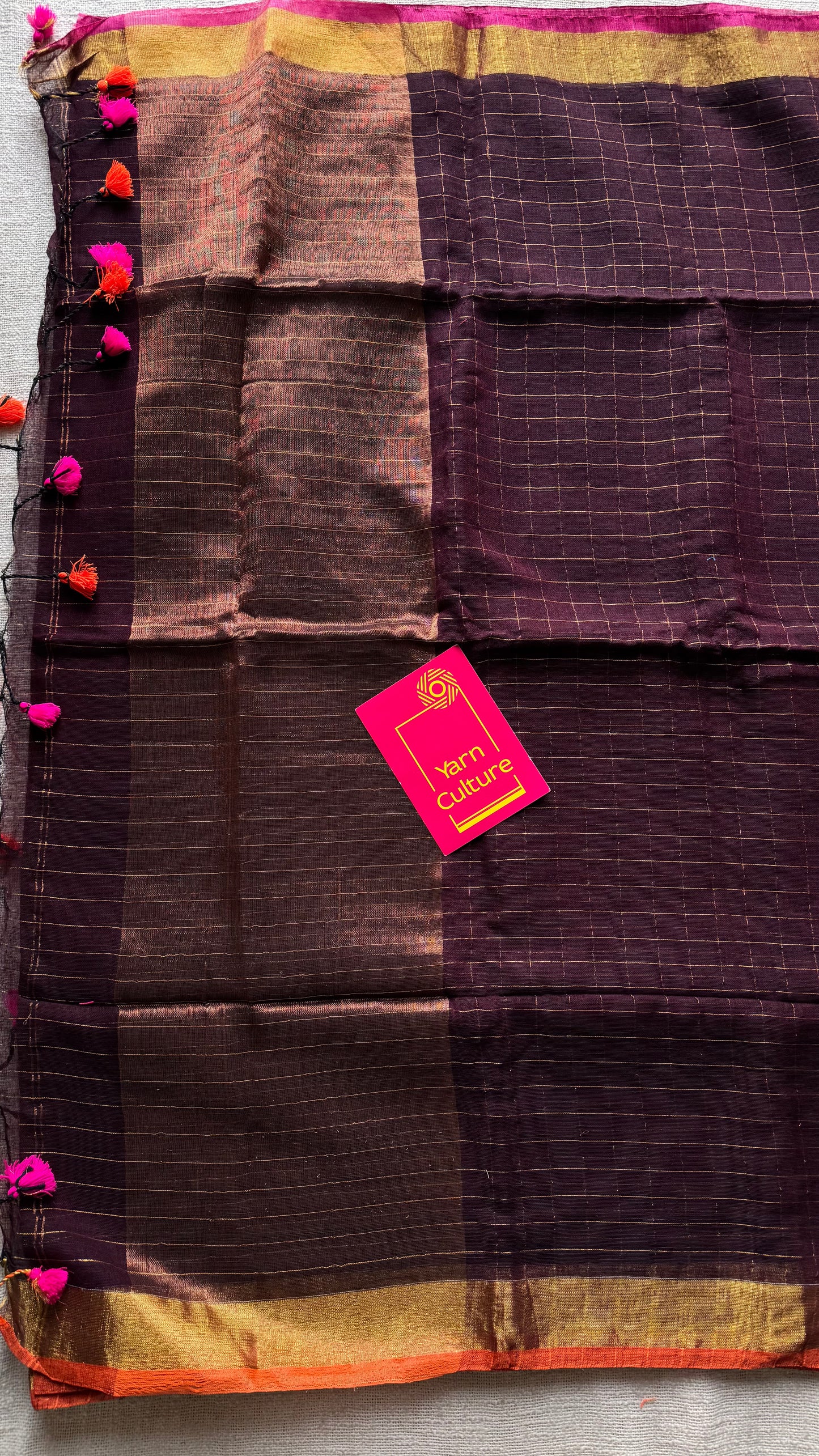 Brown linen by cotton saree, gold checks & copper zari pallu - YCBCLCFE394