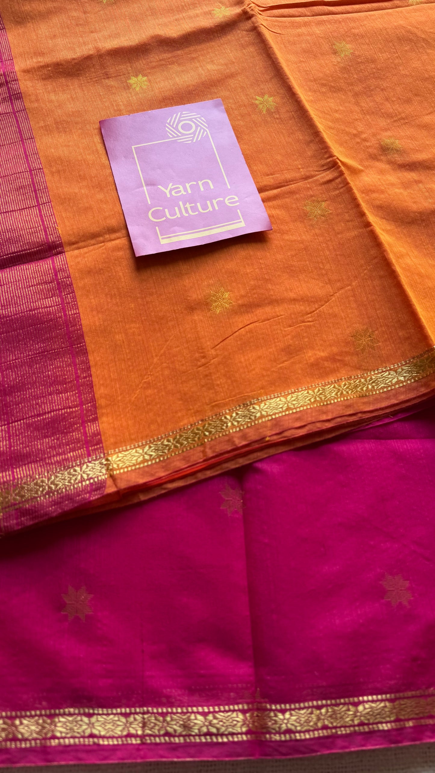 Orange with rani pink, gold buttas, semi maheshwari cotton silk - YCCOTNCSDE88