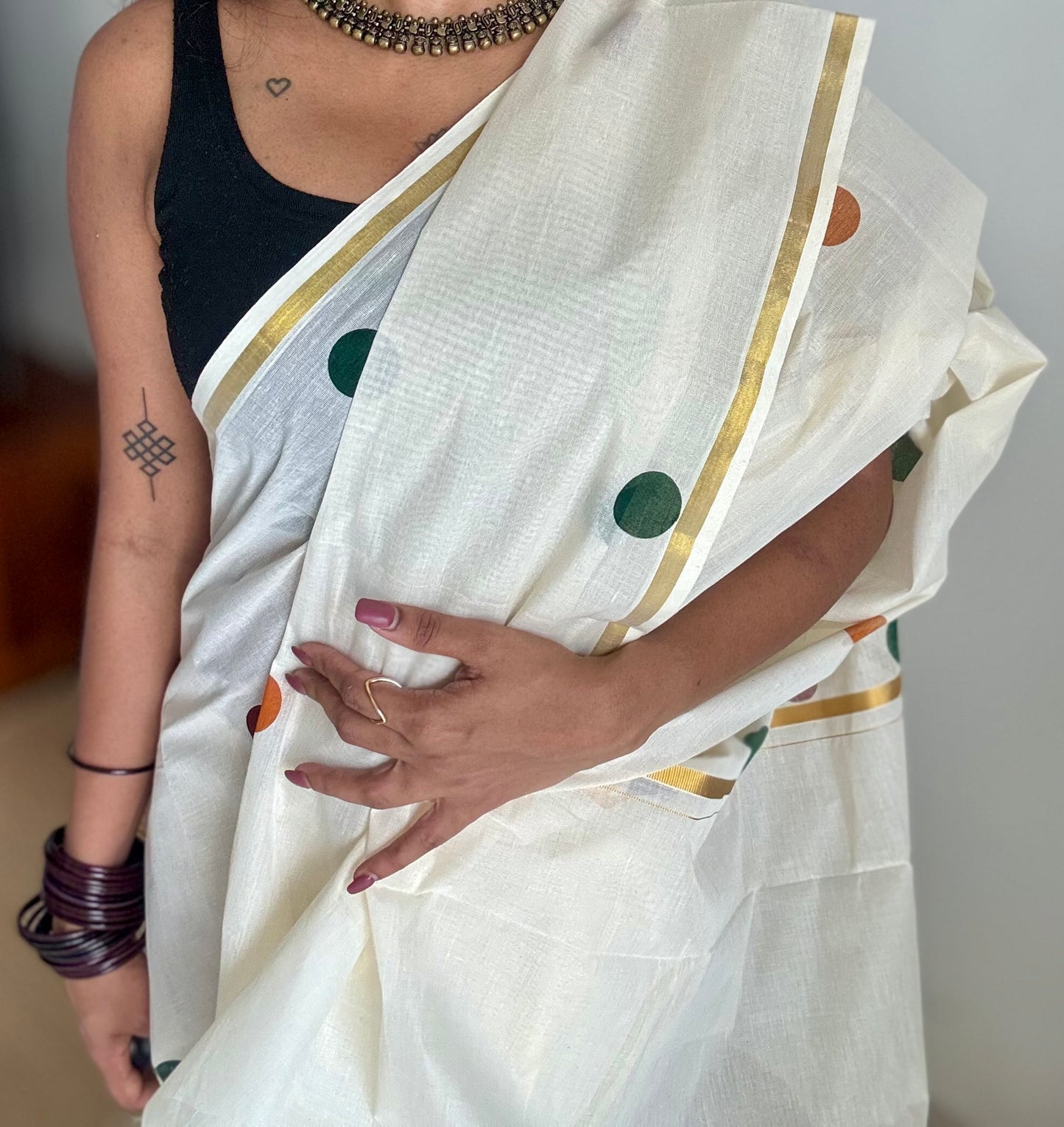 Ivory and gold soft cotton thin border kasavu saree, maroon, green and mustard polka - YCIEON74