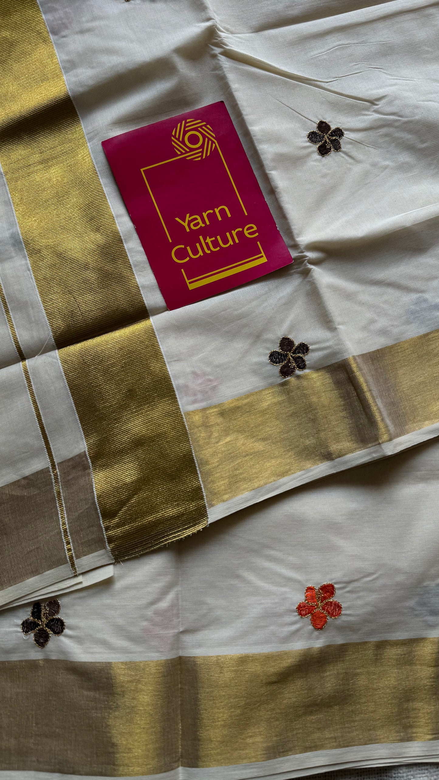 Ivory and gold saree with brown and orange floral embroidery - YCIEKCFE311