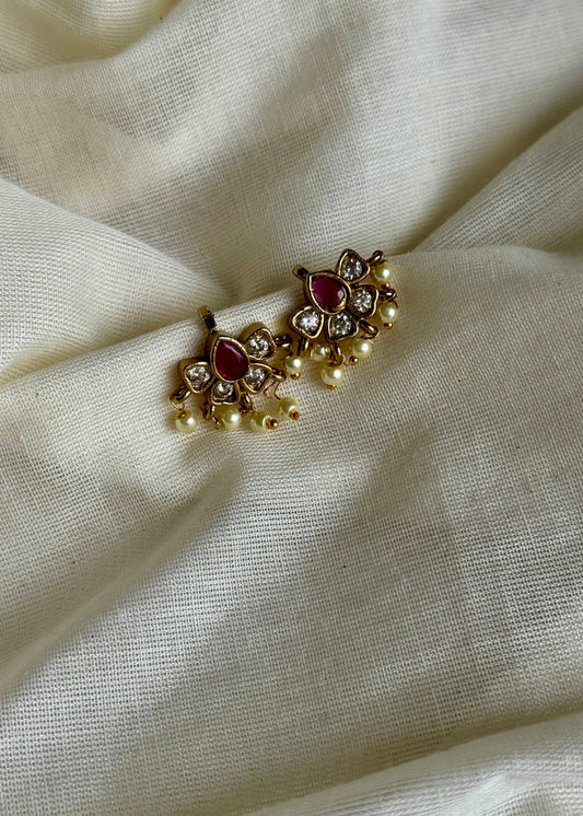 Bugadi clip-on (non pierced), ruby, white stones and pearls - YCAGEBU276